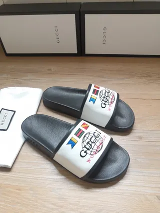 Gucci Worldwide Black White Rubber Sole Fabric Strap Slippers 9