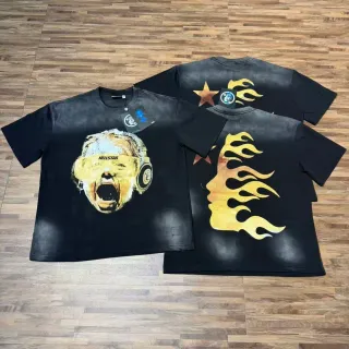 تيشيرت Hellstar طباعة جرافيك غسيل حمضي لهب أسود وذهبي