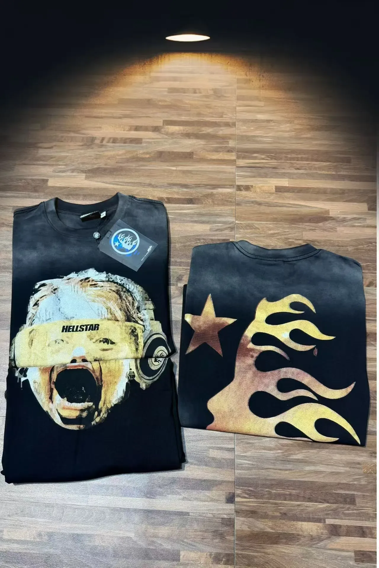 Hellstar Graphic Print Acid-Wash Black Gold Flame T-Shirt 2