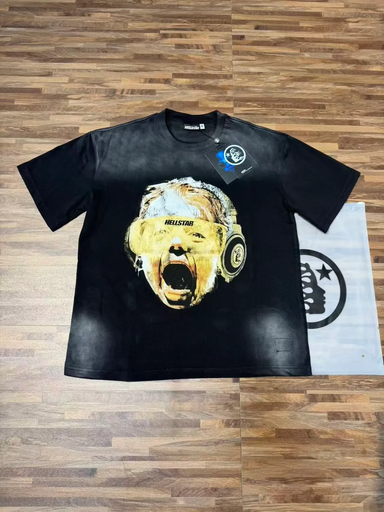 Hellstar Graphic Print Acid-Wash Black Gold Flame T-Shirt 3