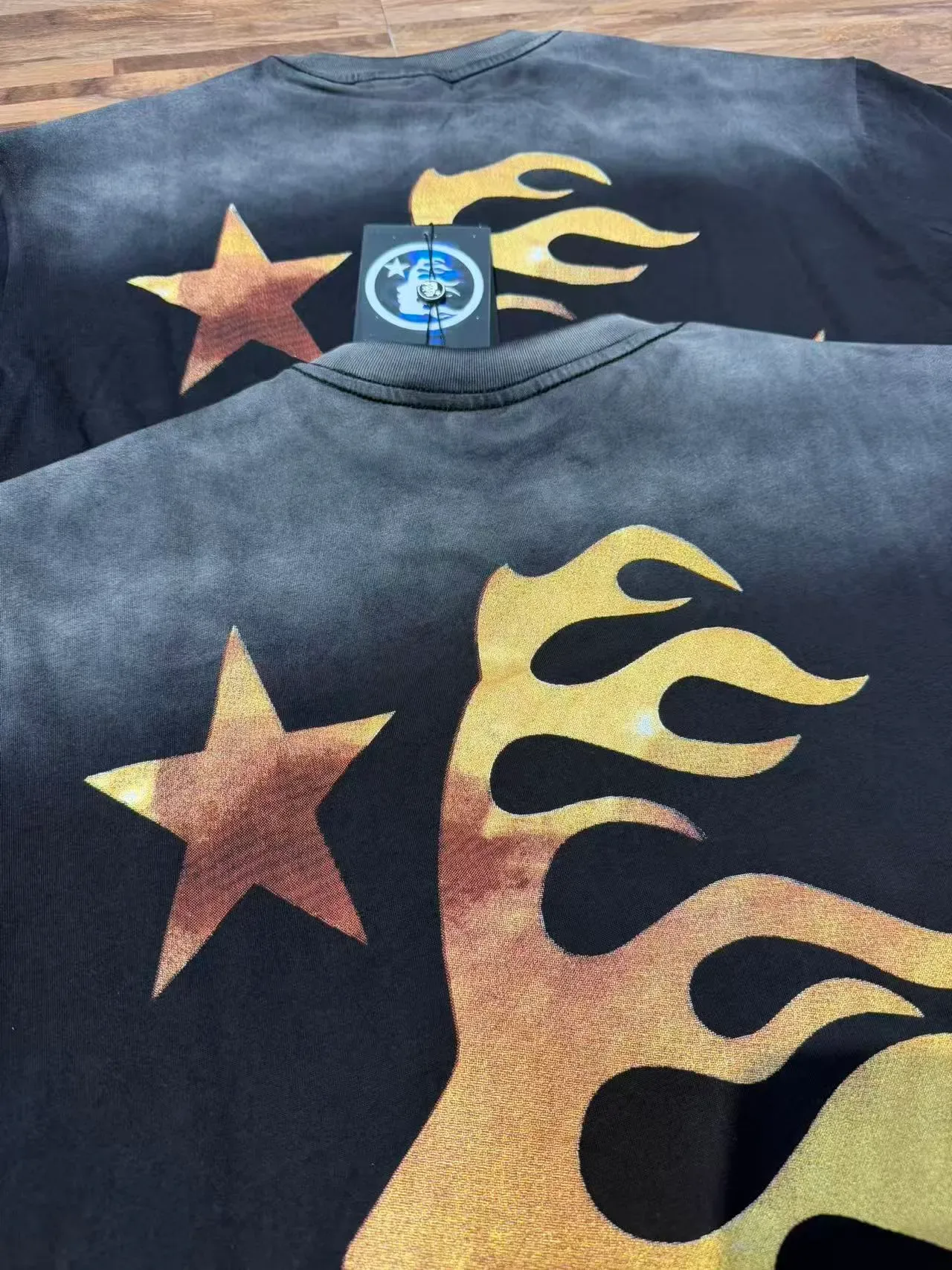 Hellstar Graphic Print Acid-Wash Black Gold Flame T-Shirt 10