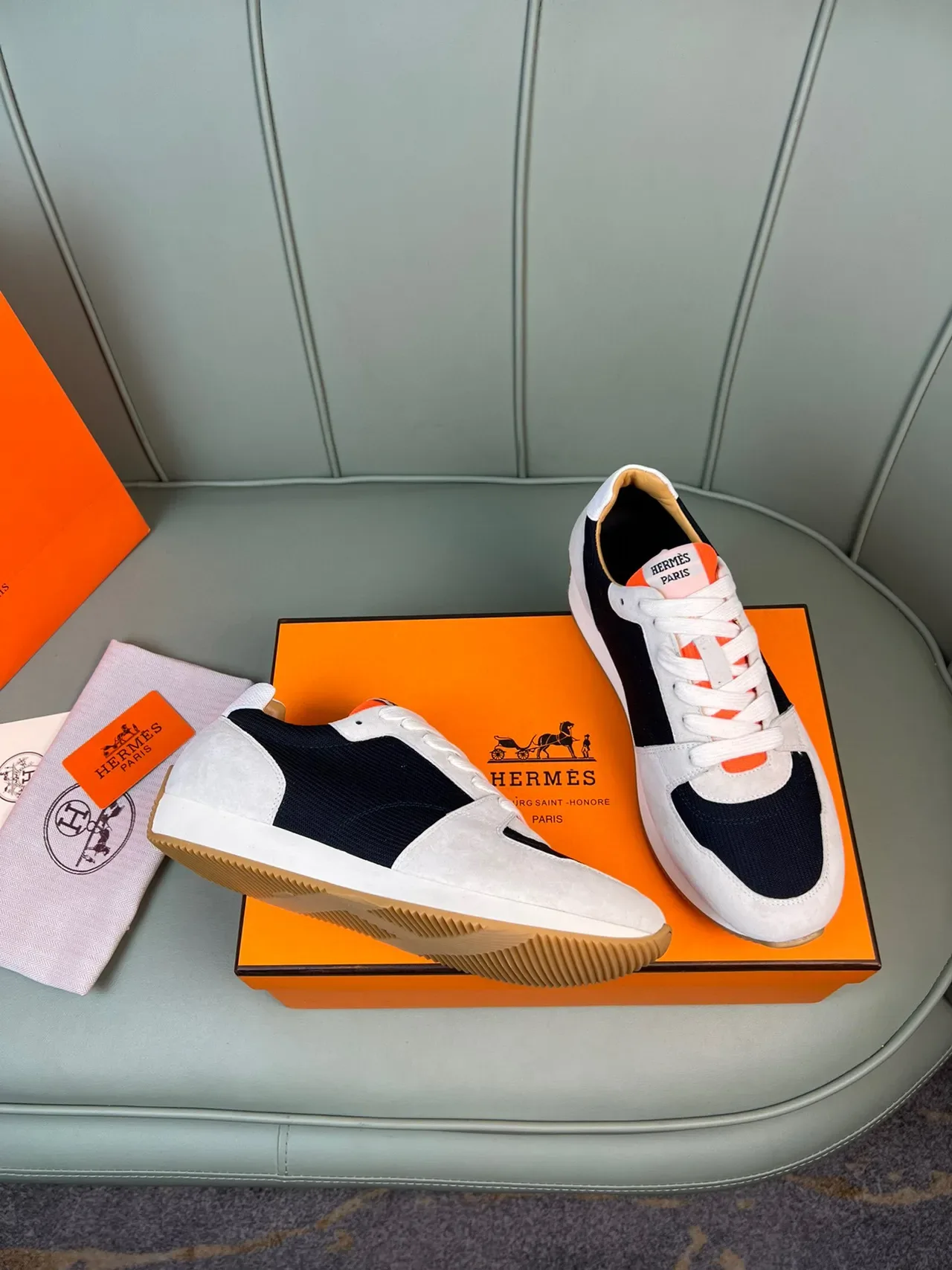 Hermès Beige Navy Orange Suede Mesh Lifestyle Sneaker 4