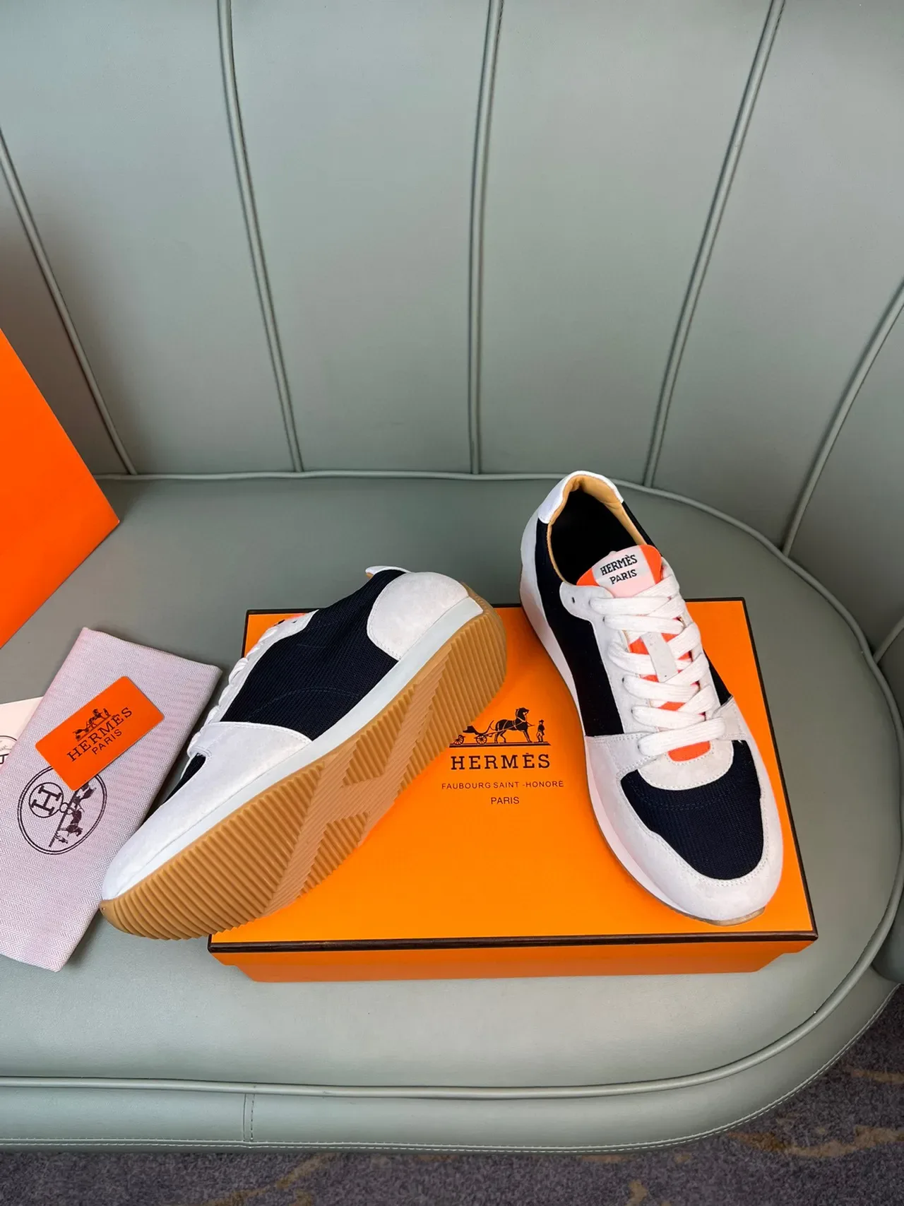Hermès Beige Navy Orange Suede Mesh Lifestyle Sneaker 6