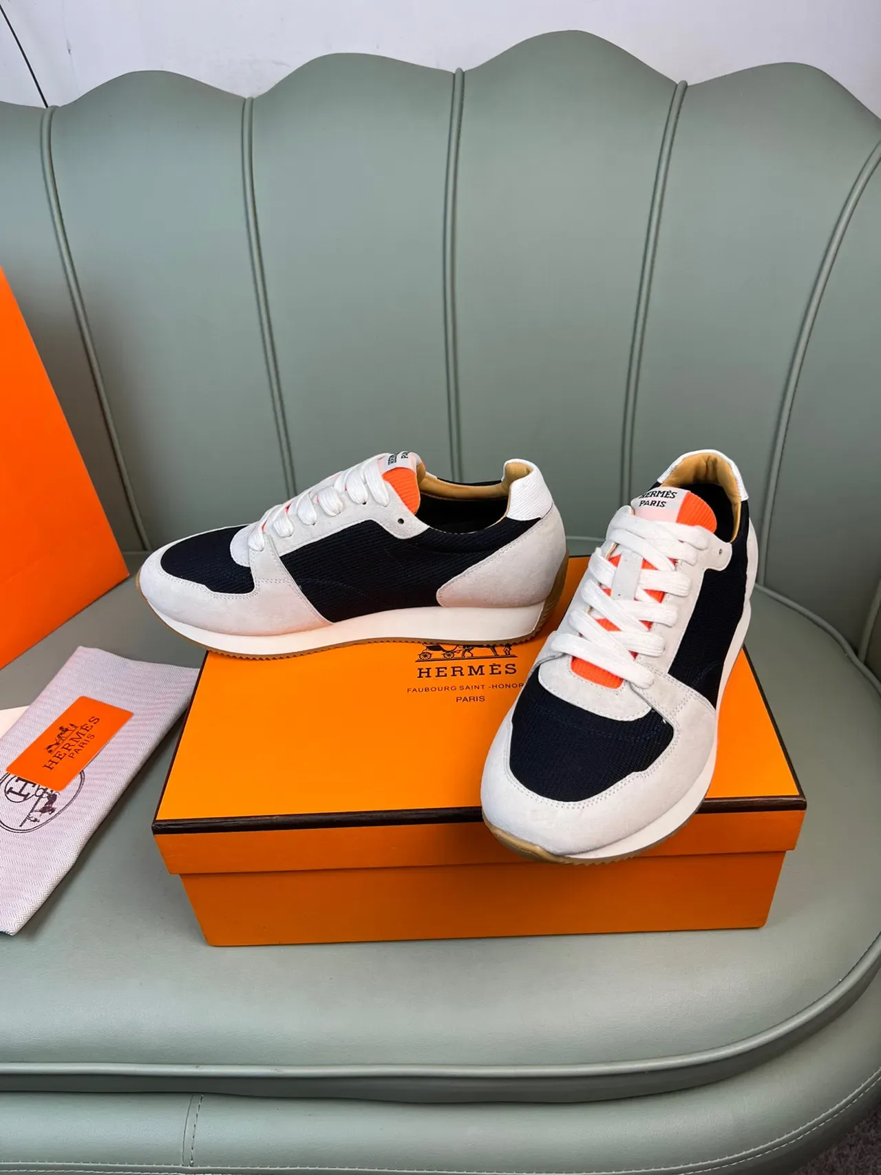 Hermès Beige Navy Orange Suede Mesh Lifestyle Sneaker 7
