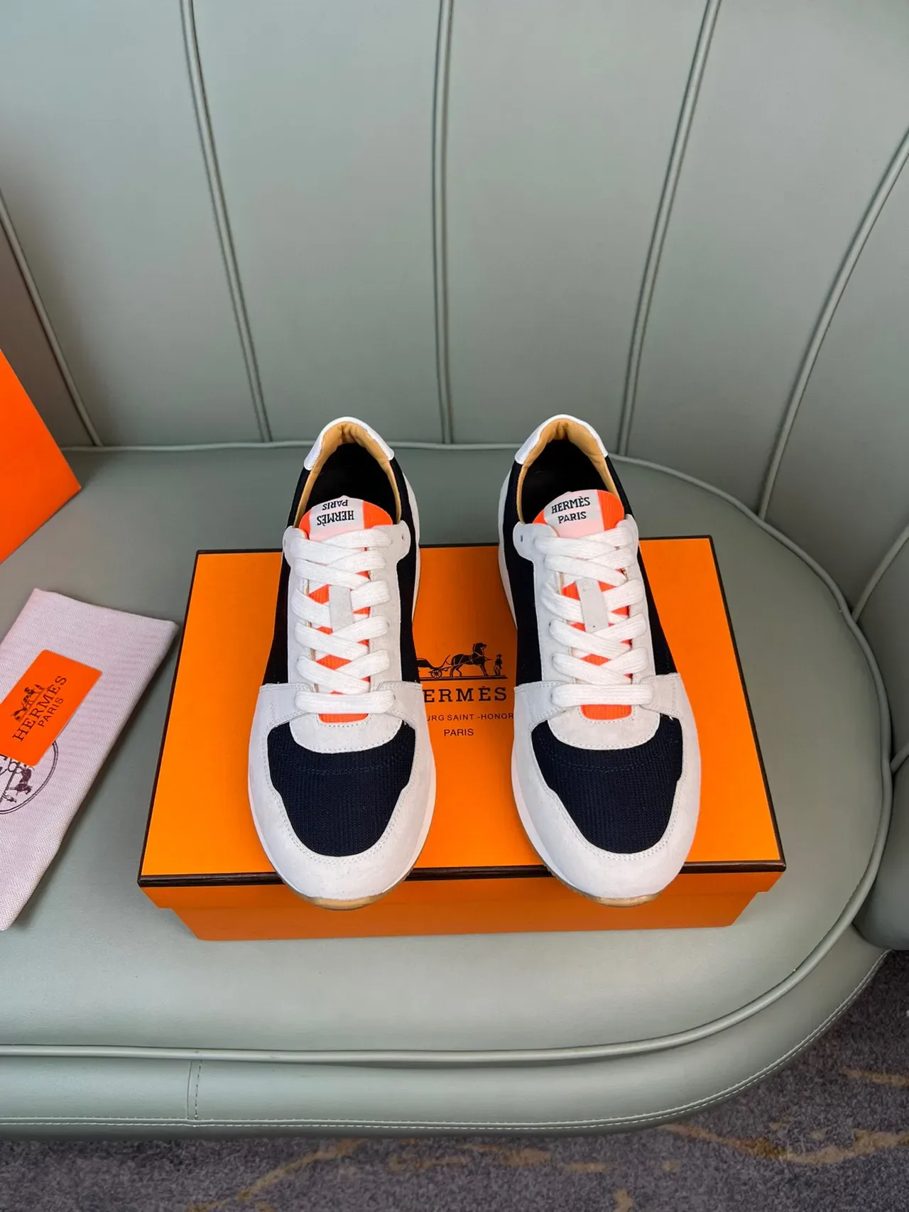 Hermès Beige Navy Orange Suede Mesh Lifestyle Sneaker 8