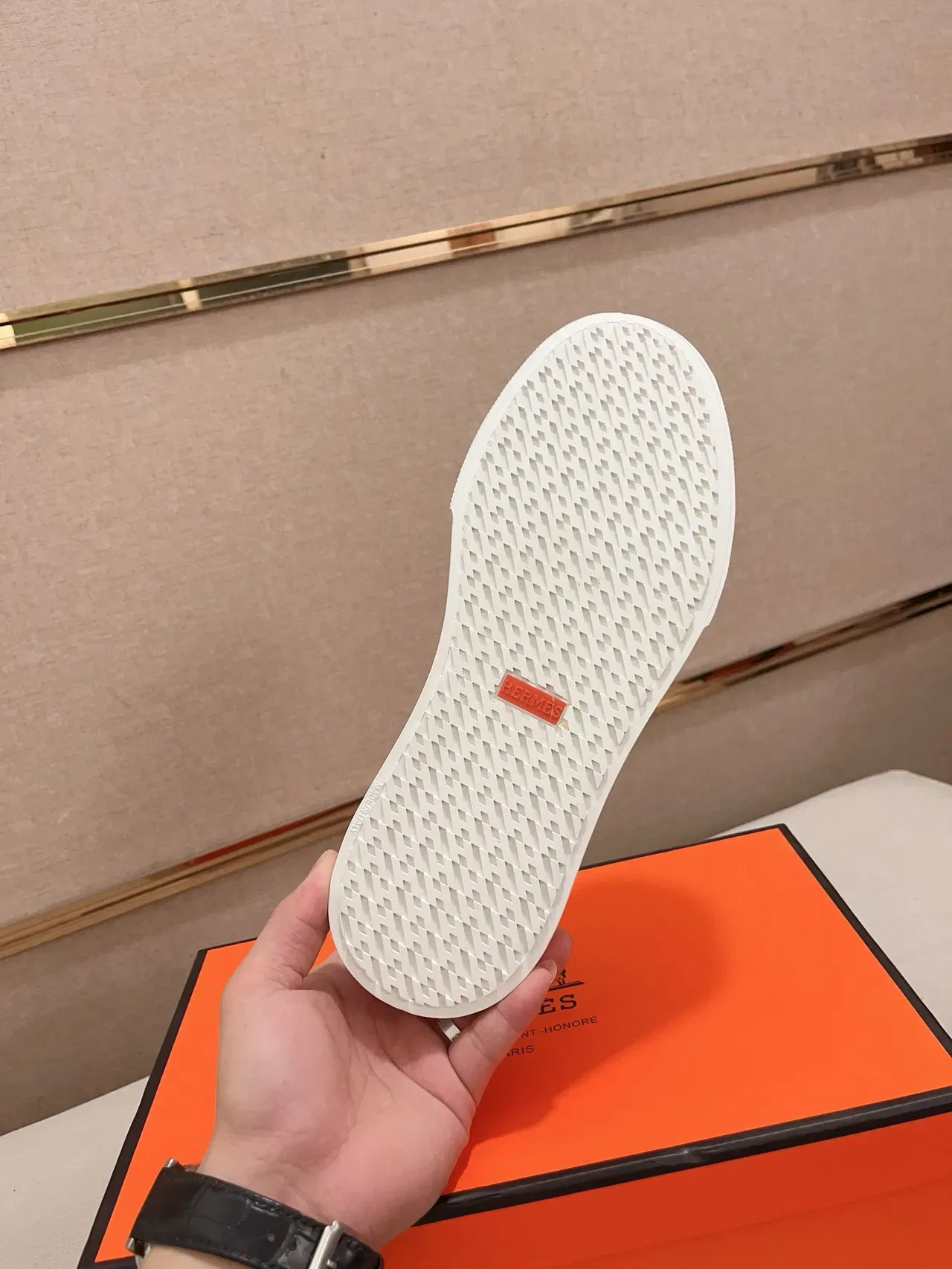 Hermès Beige White Mesh Upper Leather Strap Loafer 2