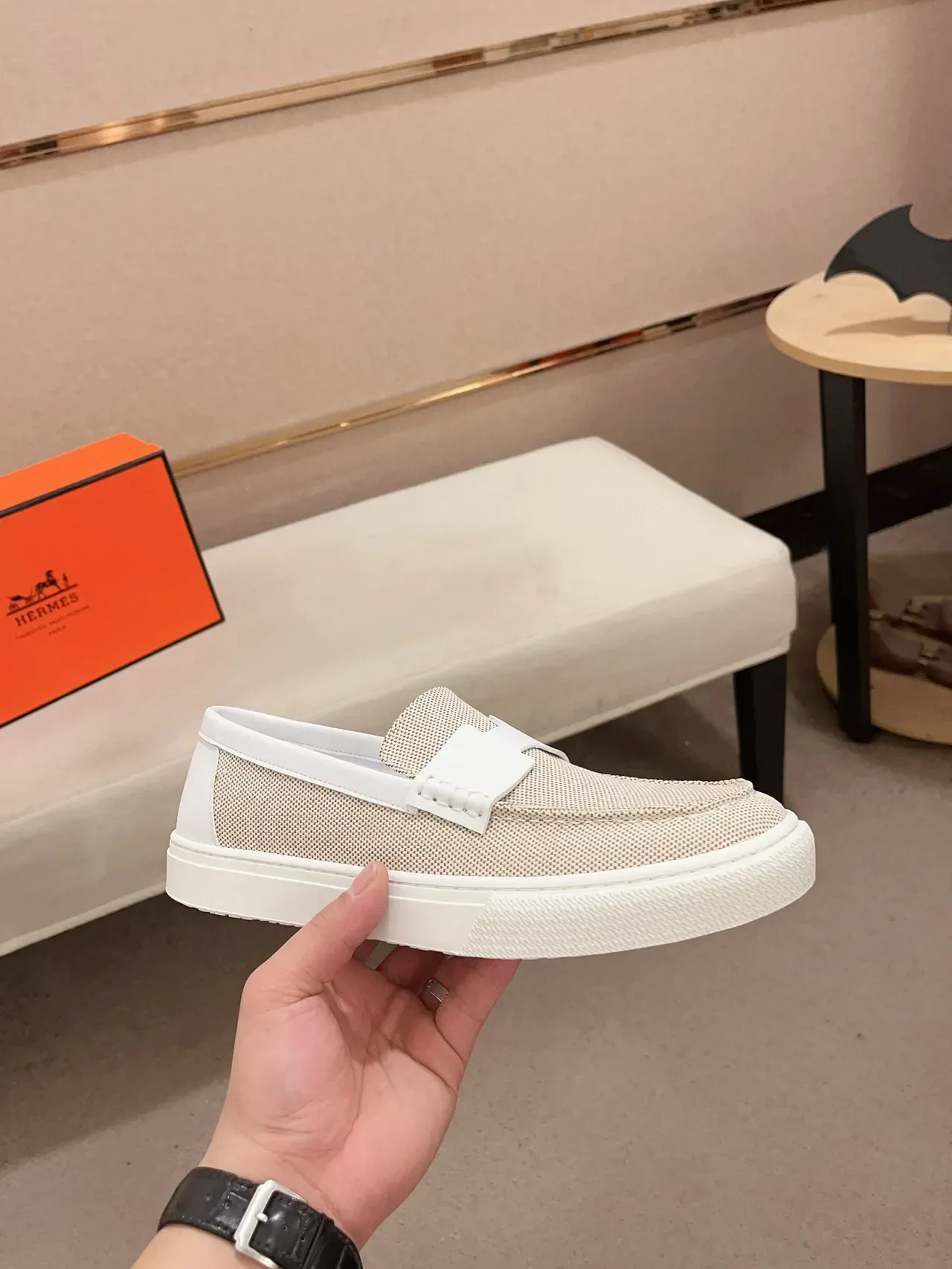 Hermès Beige White Mesh Upper Leather Strap Loafer 4