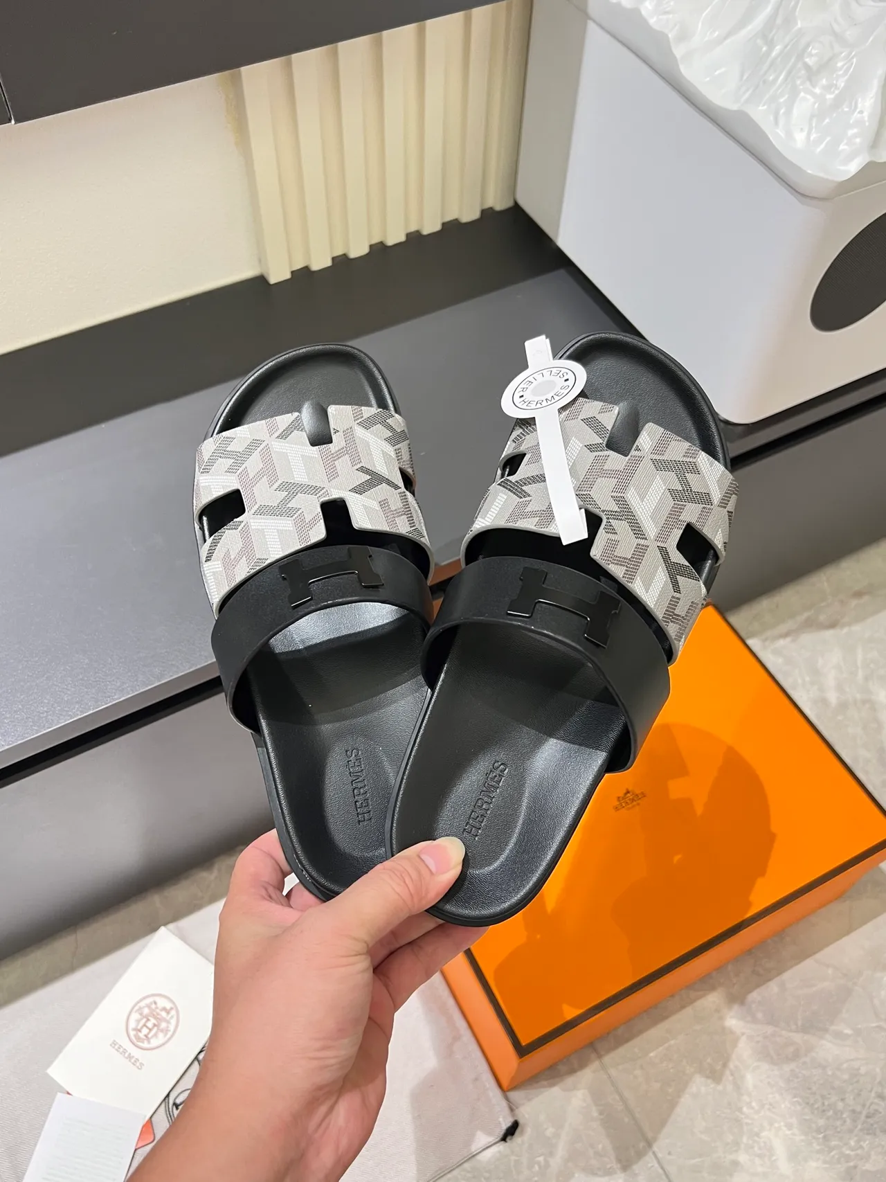 Hermès Black Multicolor Double-Strap Slide H-Logo Hardware Slippers 11