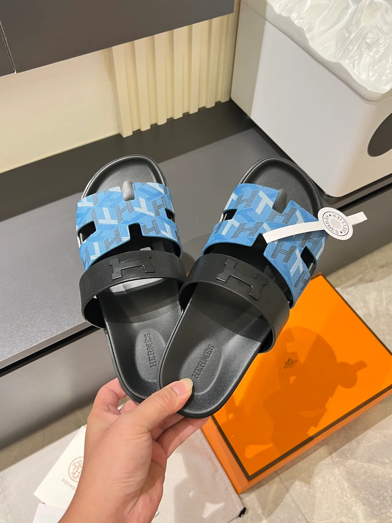 Hermès Black Multicolor Double-Strap Slide H-Logo Hardware Slippers 12