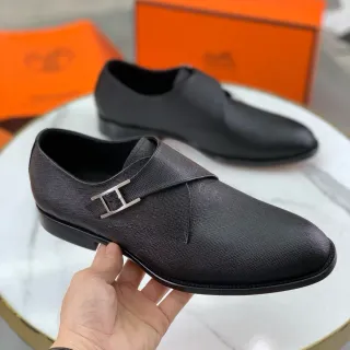 Hermès Black Textured Leather H-Buckle Monk Shoes