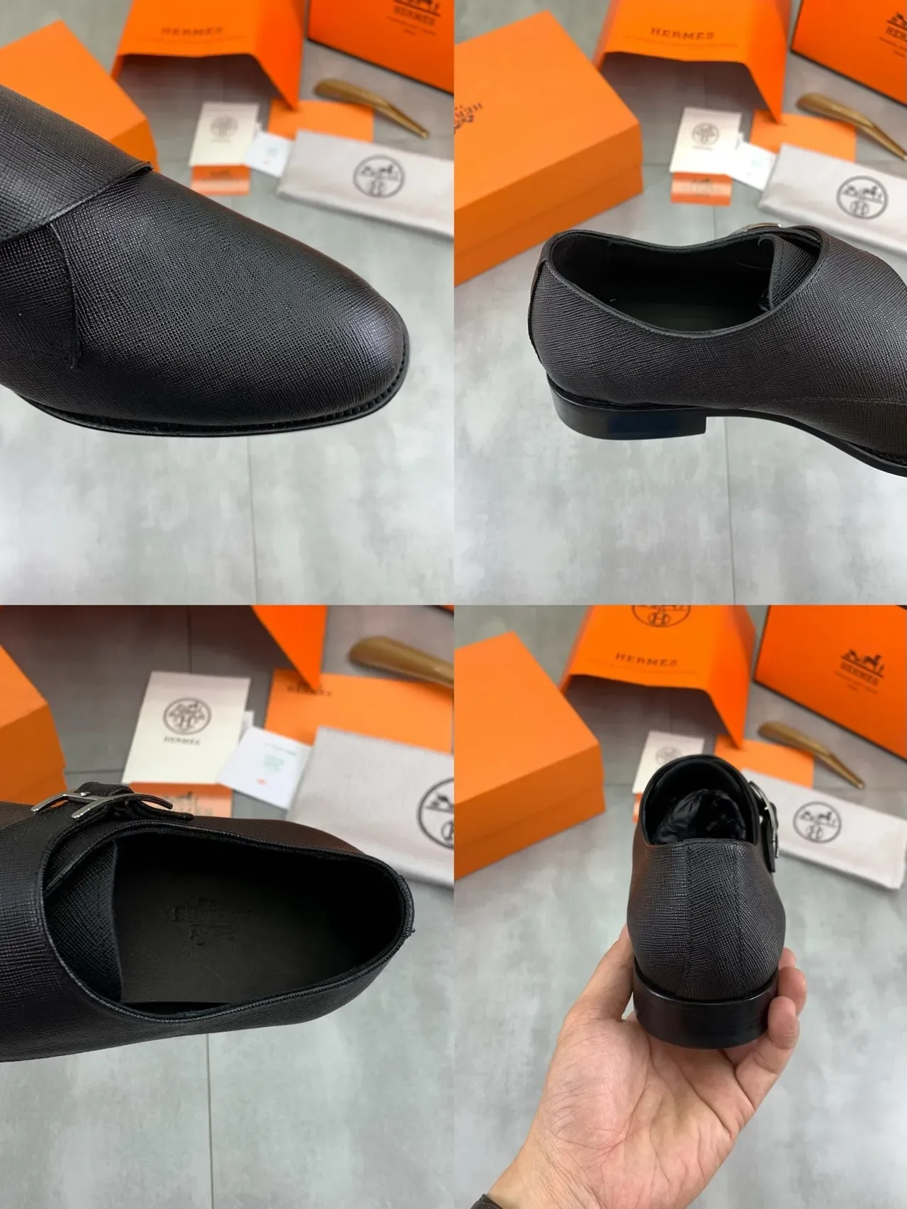 Hermès Black Textured Leather H-Buckle Monk Shoes 2