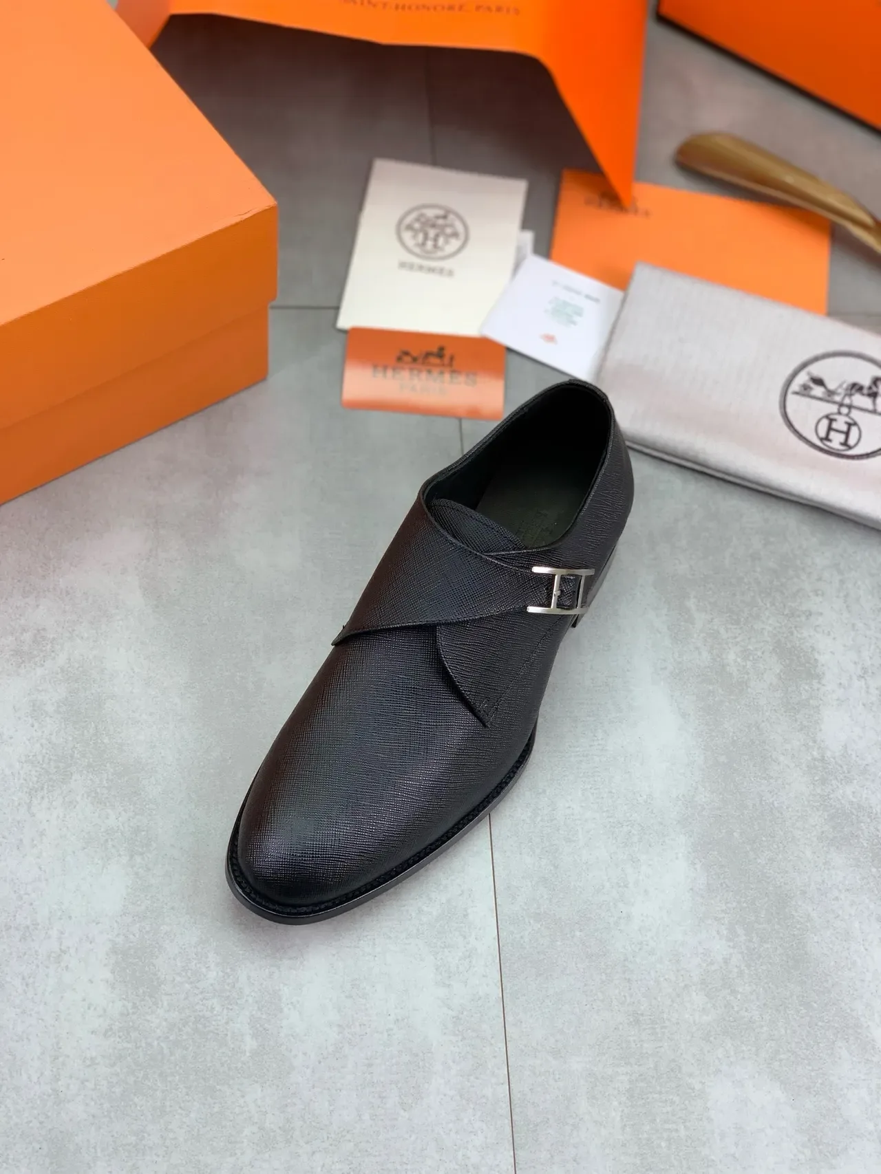 Hermès Black Textured Leather H-Buckle Monk Shoes 4