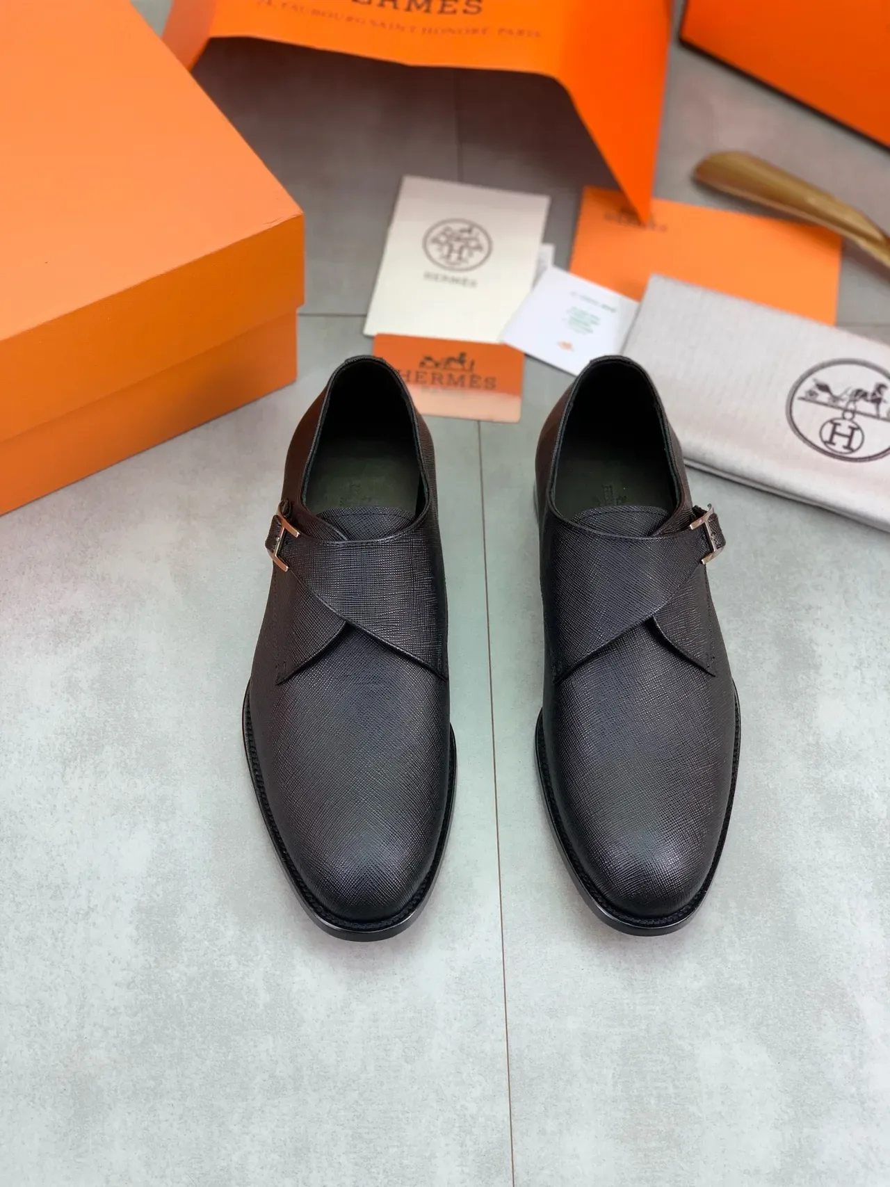 Hermès Black Textured Leather H-Buckle Monk Shoes 5