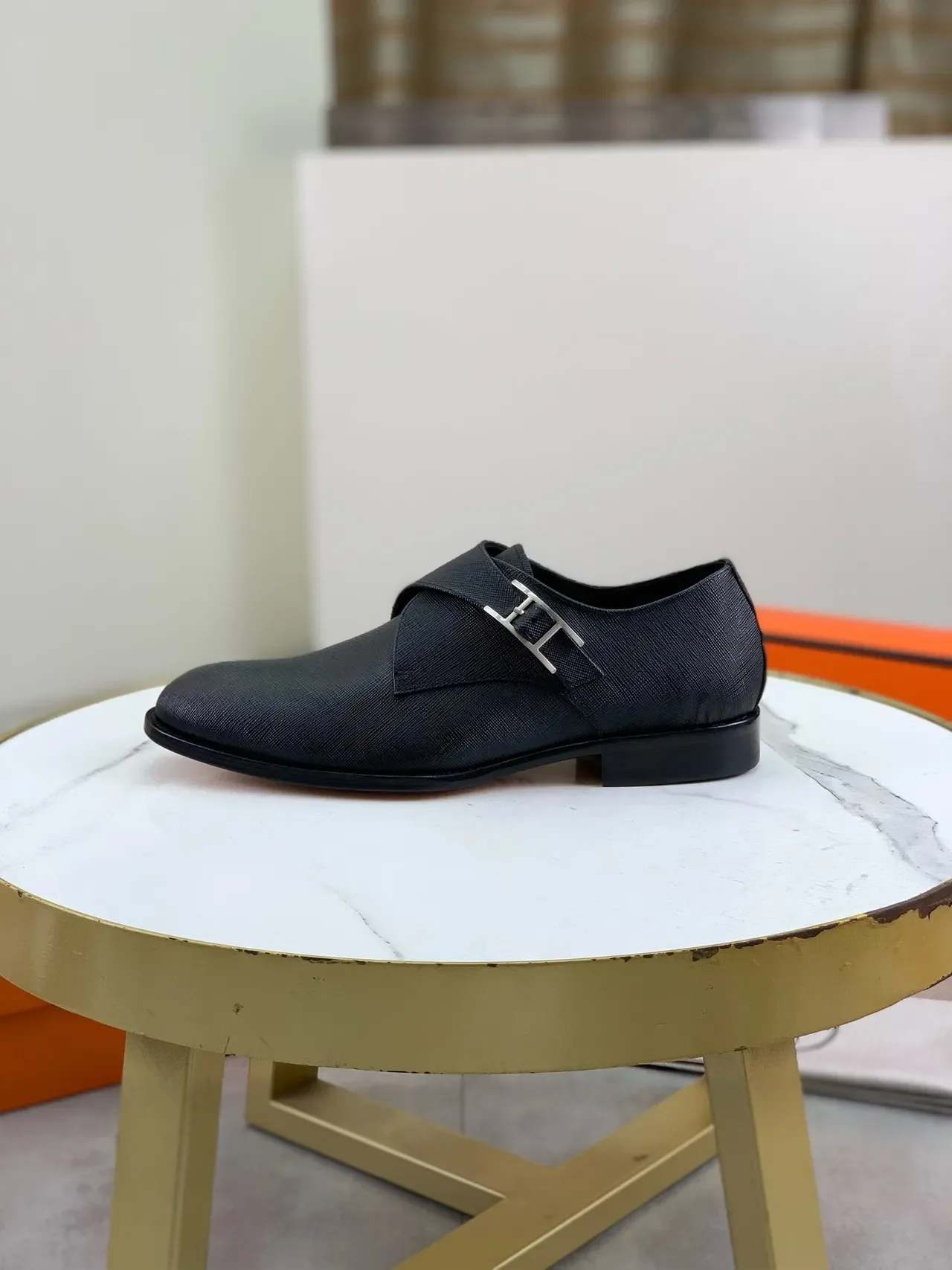 Hermès Black Textured Leather H-Buckle Monk Shoes 6