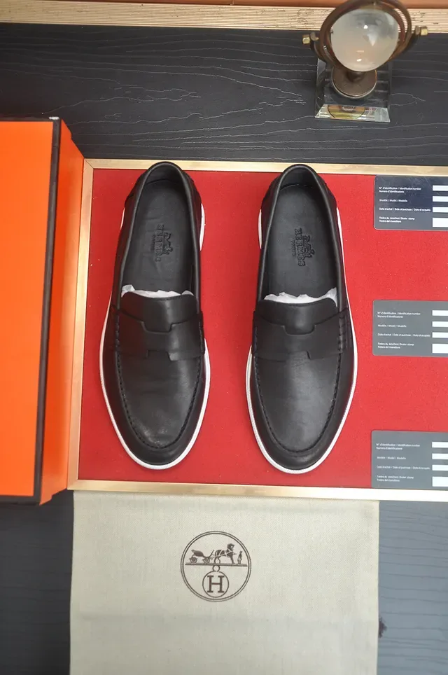 Hermès Black White Leather Rubber Sole Loafer 5