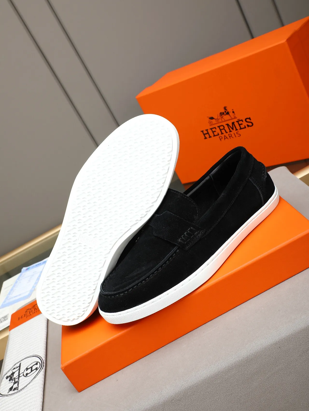 Hermès Black White Suede Upper Penny Strap Loafer 4