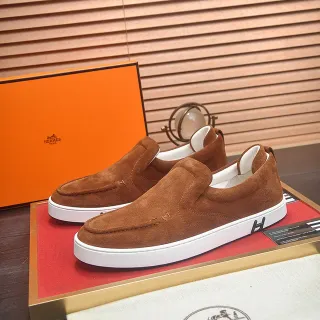 Hermès Brown White Suede Upper Slip-On Construction Loafer