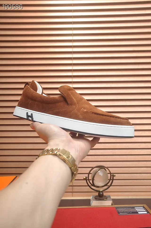 Hermès Brown White Suede Upper Slip-On Construction Loafer 6