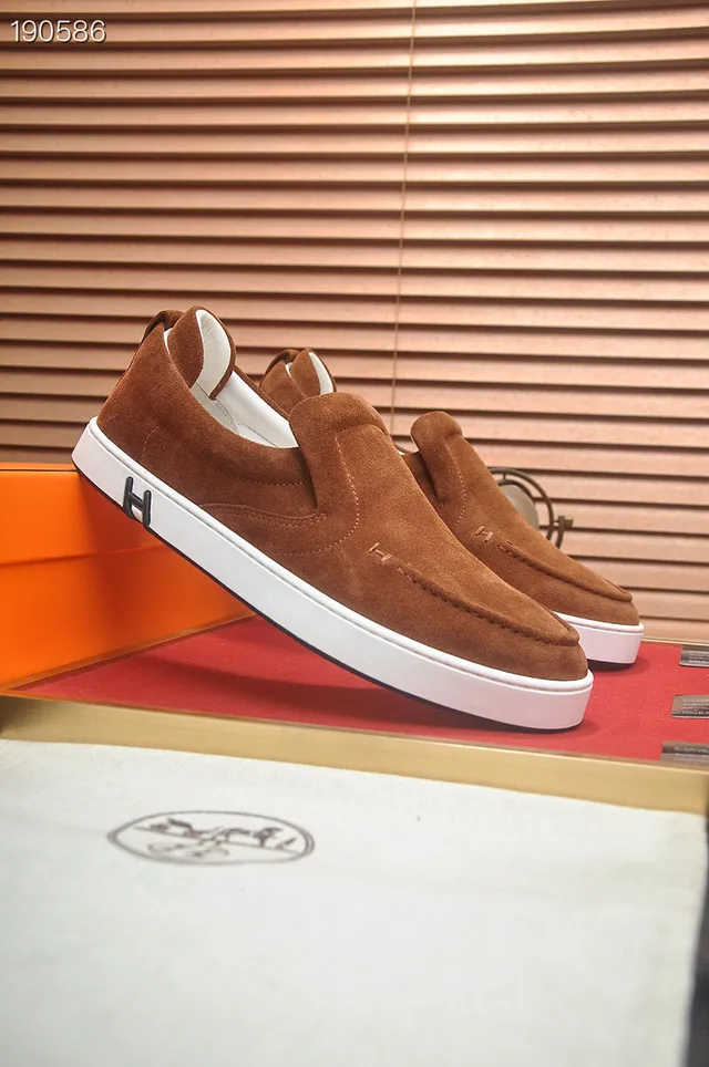 Hermès Brown White Suede Upper Slip-On Construction Loafer 8