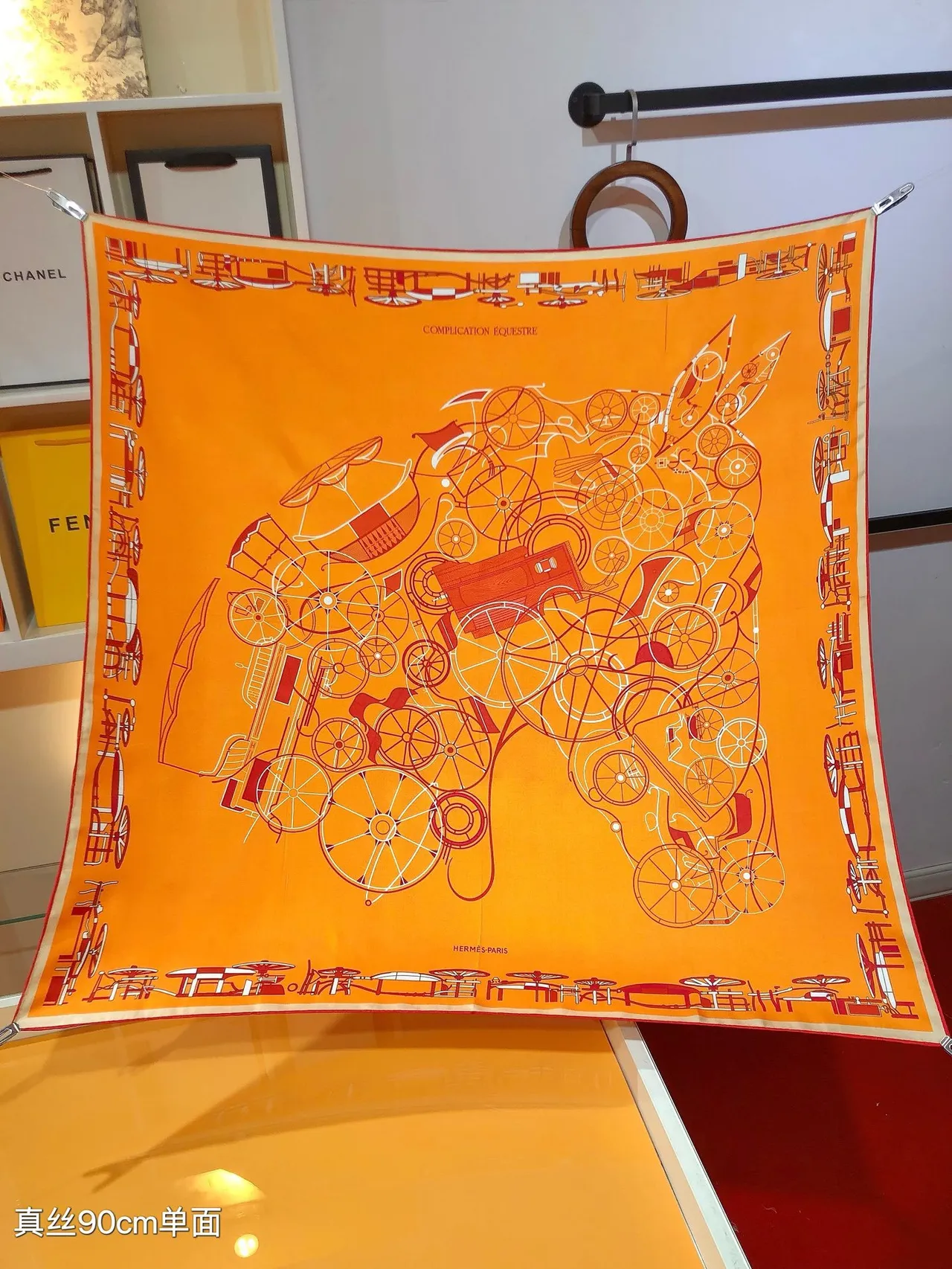 Hermès Carré Laranja Vermelho Quadrado Impressão Equestre Lenço de Seda 5