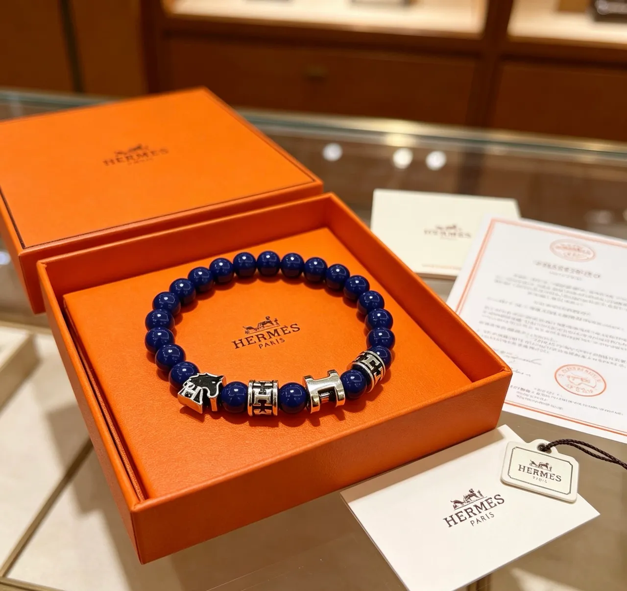 Hermès Pulseira Charme Miçangas Azul Cobalto Tom Prateado H e Charme Cavalo Pulseira 2