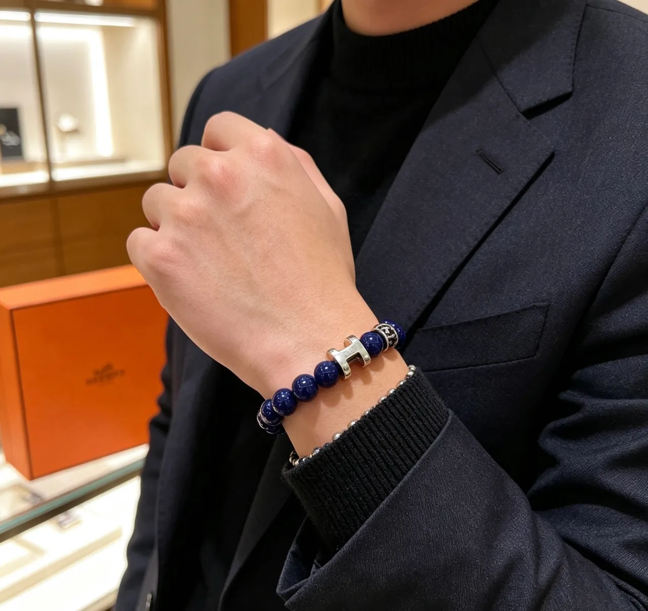 Hermès Pulseira Charme Miçangas Azul Cobalto Tom Prateado H e Charme Cavalo Pulseira 3
