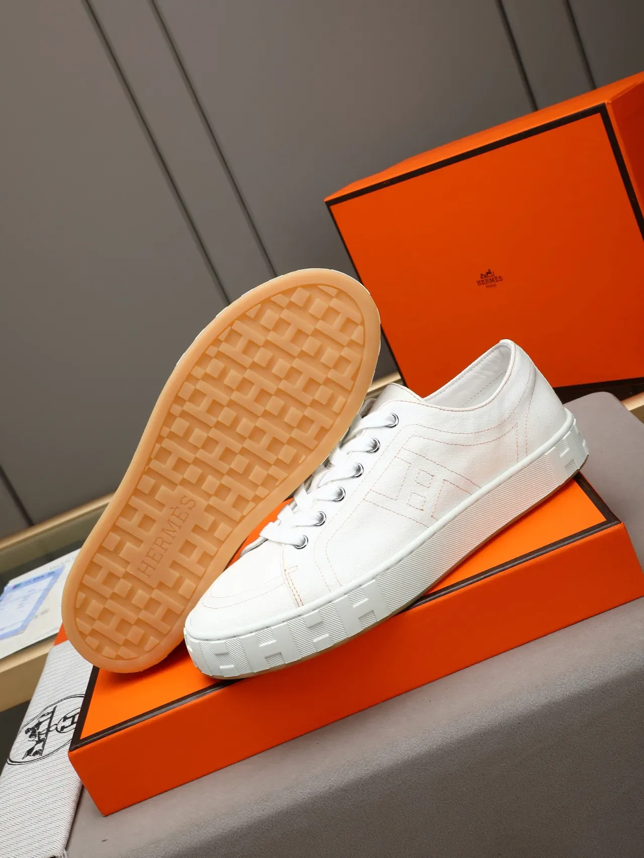 Hermès Chypre White Canvas Embossed H Lifestyle Sneakers 4