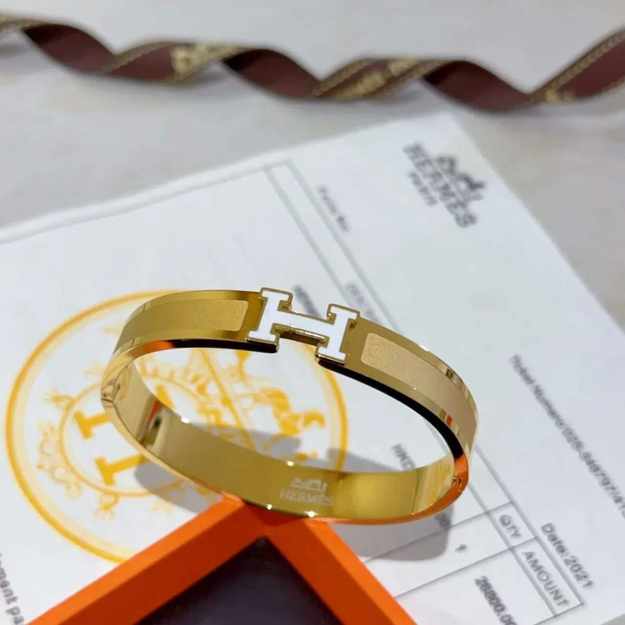 Hermès Clic H Gold White Rigid Bangle Enamel-Accented Clasp Bracelet 2