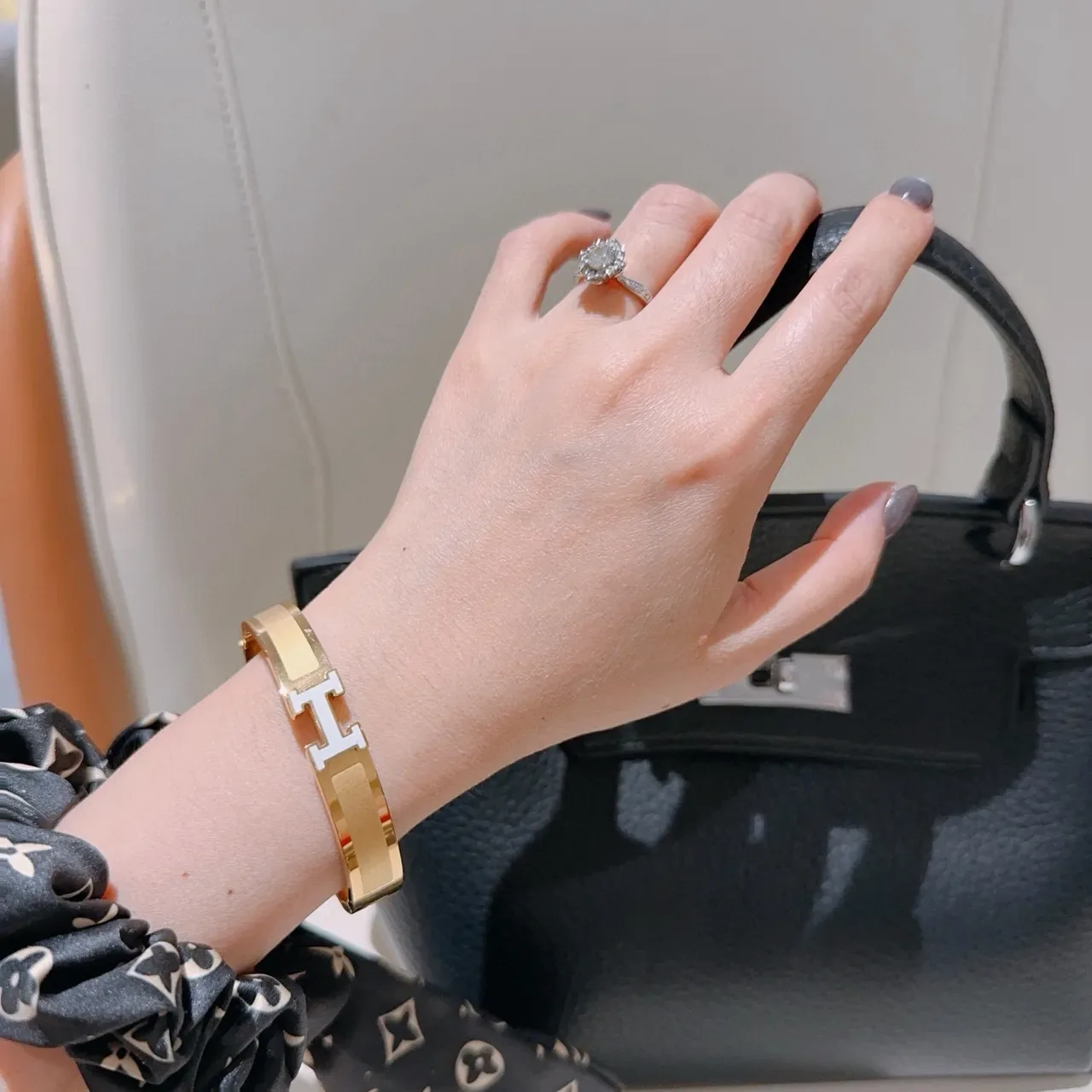 Hermès Clic H Gold White Rigid Bangle Enamel-Accented Clasp Bracelet 3