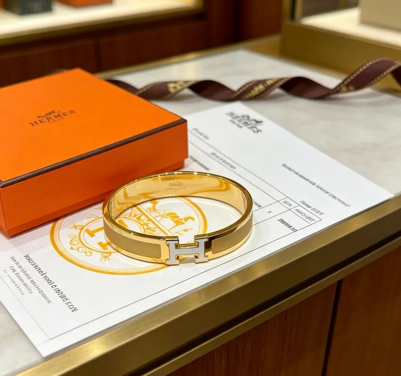 Hermès Clic H Gold White Rigid Bangle Enamel-Accented Clasp Bracelet 5