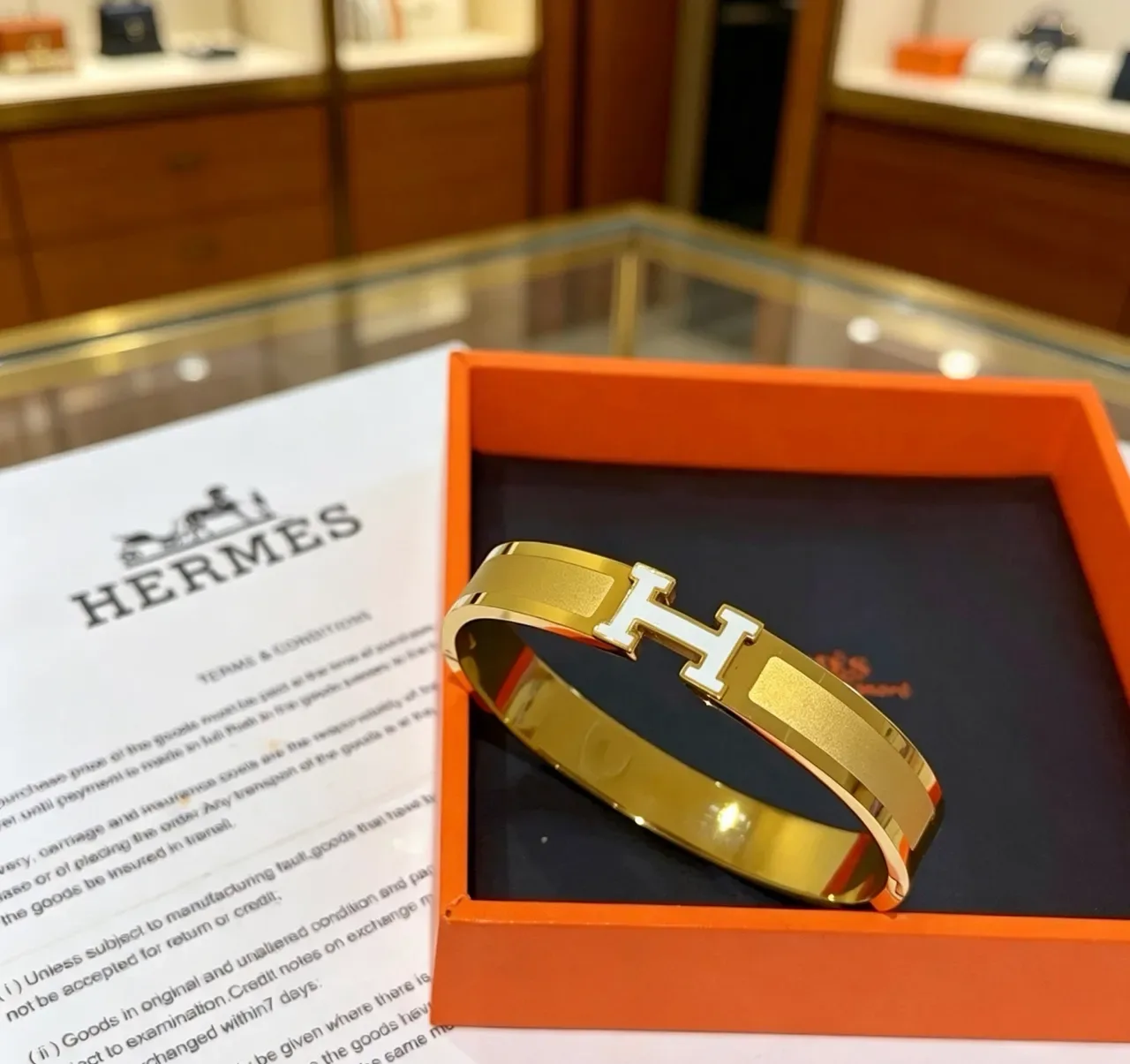 Hermès Clic H Gold White Rigid Bangle Enamel-Accented Clasp Bracelet 8