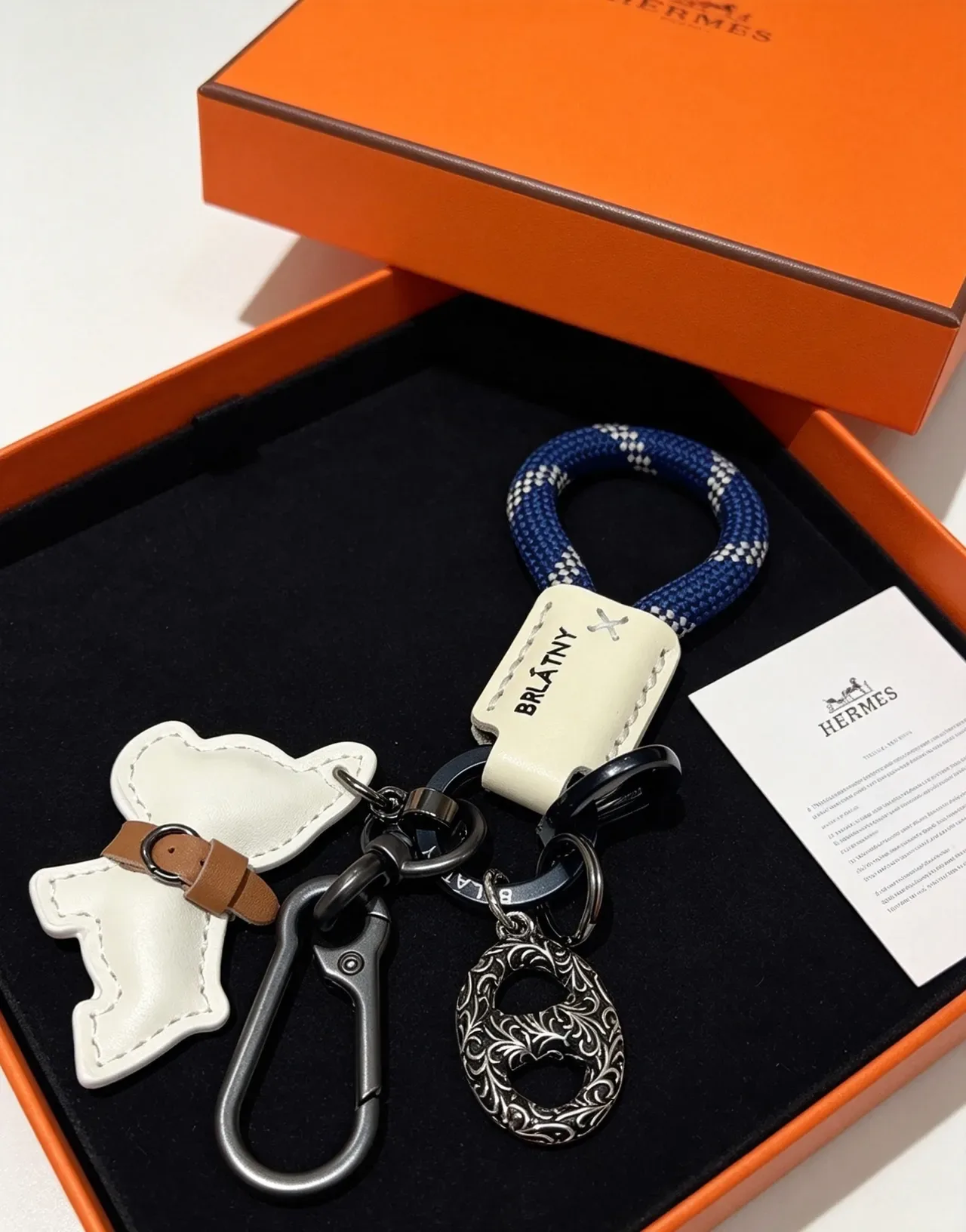 Hermès Dog Charm Keychain White Navy Leather Rope Loop Handbag 2