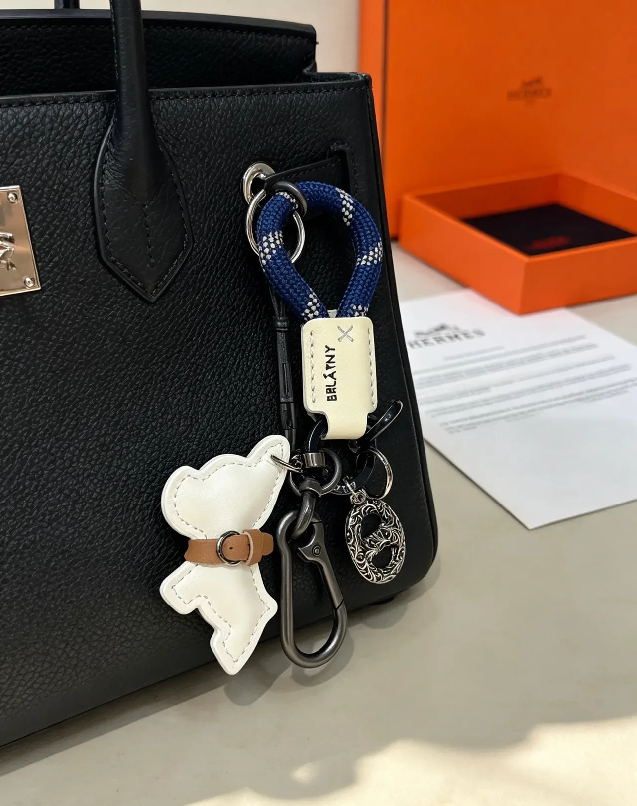 Hermès Dog Charm Keychain White Navy Leather Rope Loop Handbag 3