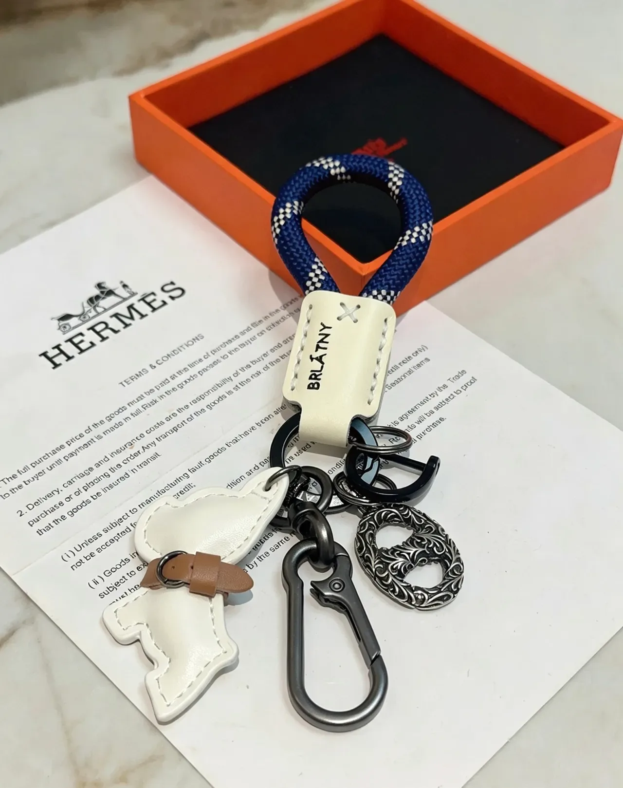 Hermès Dog Charm Keychain White Navy Leather Rope Loop Handbag 4