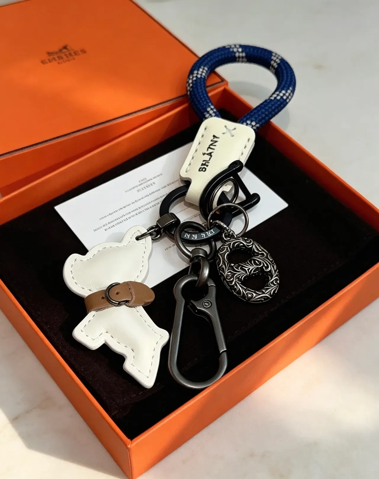 Hermès Dog Charm Keychain White Navy Leather Rope Loop Handbag 5