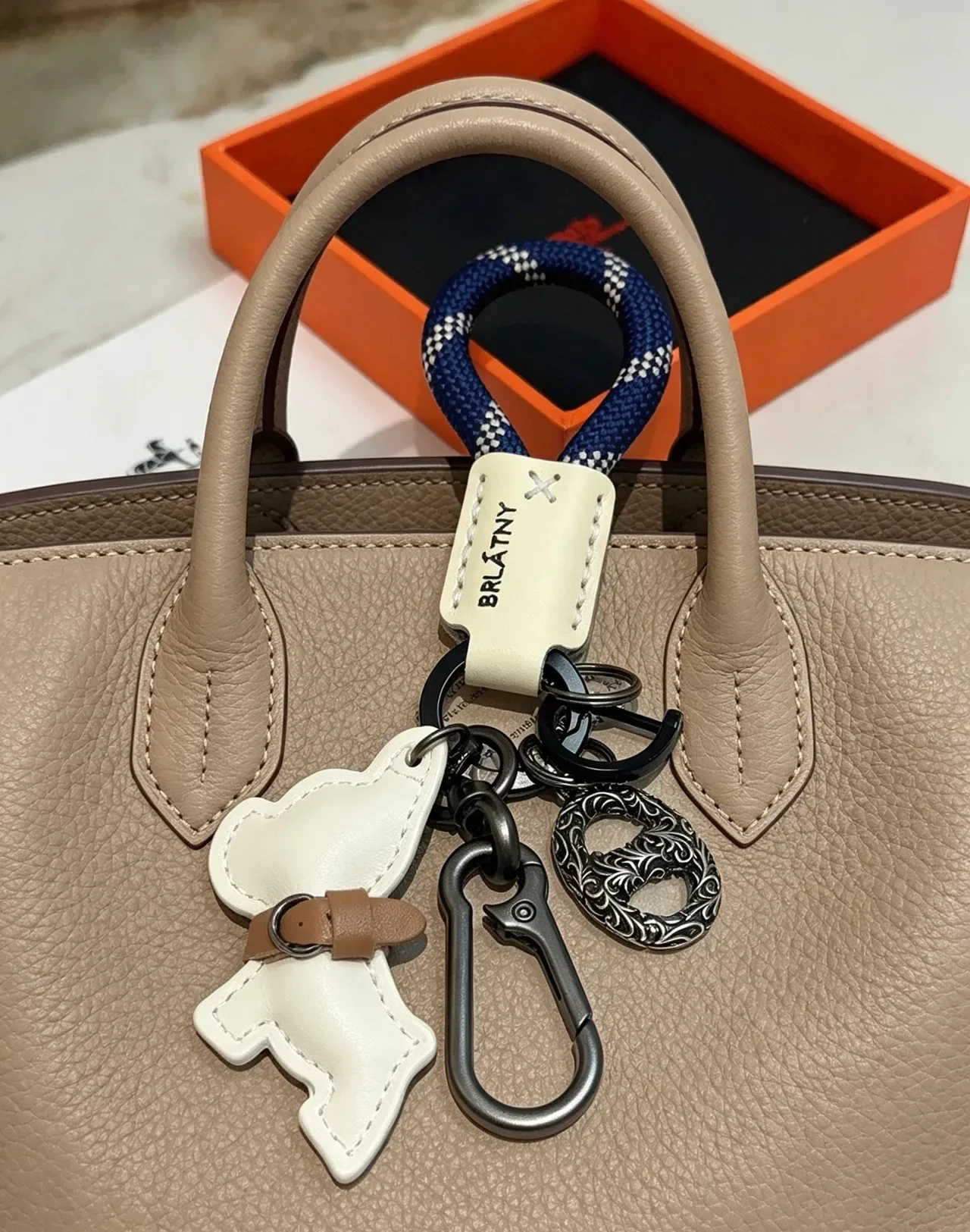 Hermès Dog Charm Keychain White Navy Leather Rope Loop Handbag 6