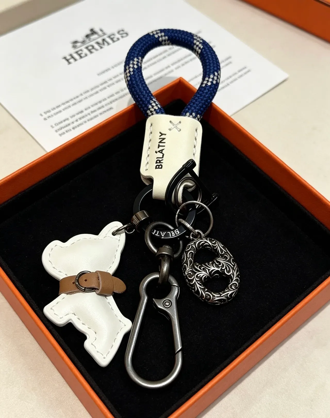Hermès Dog Charm Keychain White Navy Leather Rope Loop Handbag 7