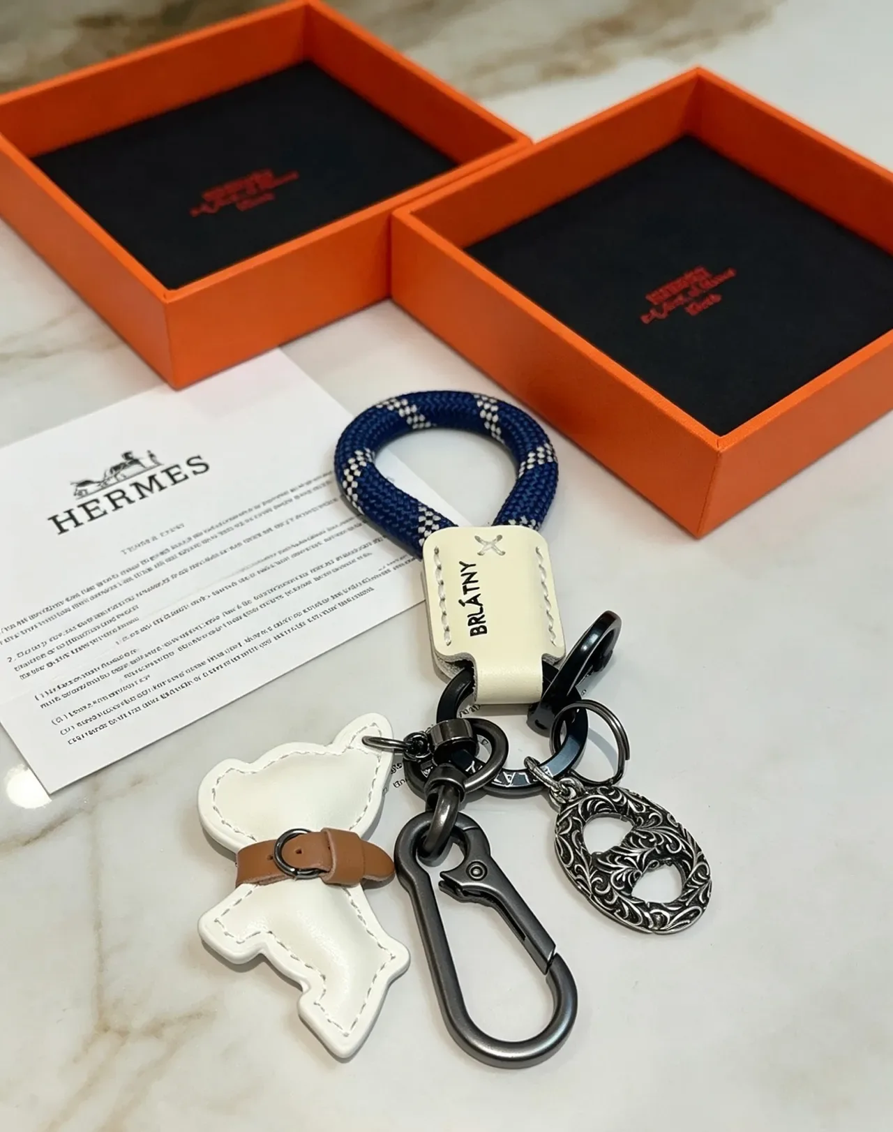 Hermès Dog Charm Keychain White Navy Leather Rope Loop Handbag 8
