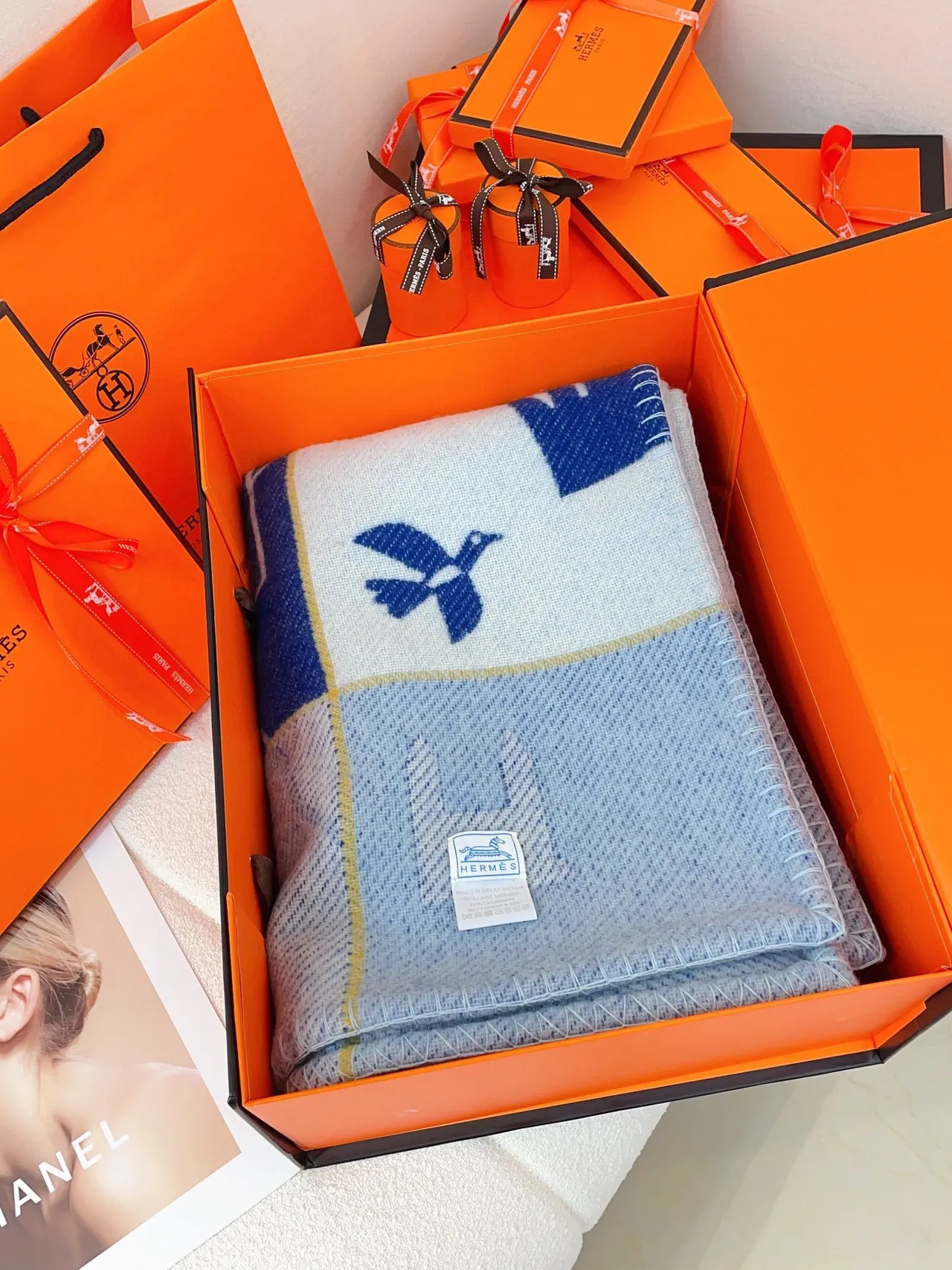 Hermès Graphic Patchwork Navy and Cream Shawl 4