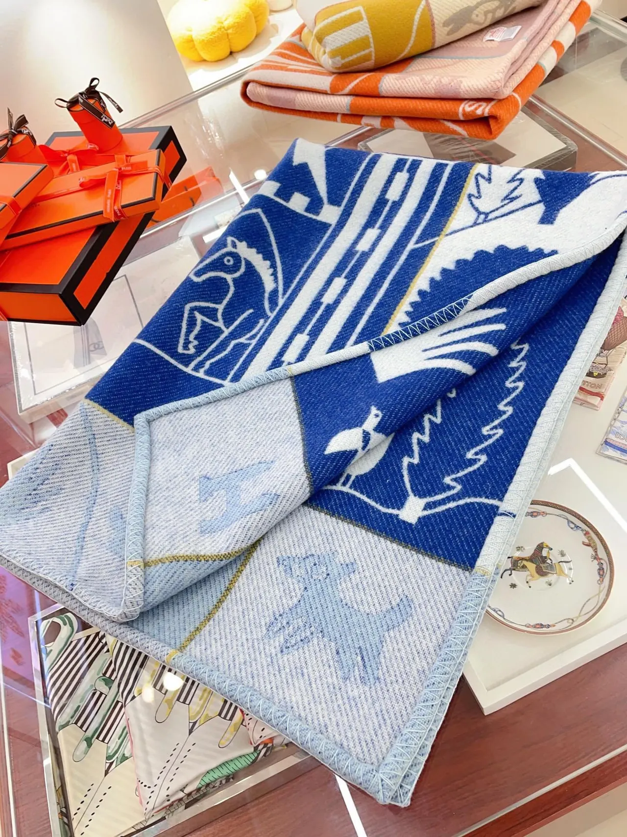 Hermès Graphic Patchwork Navy and Cream Shawl 6