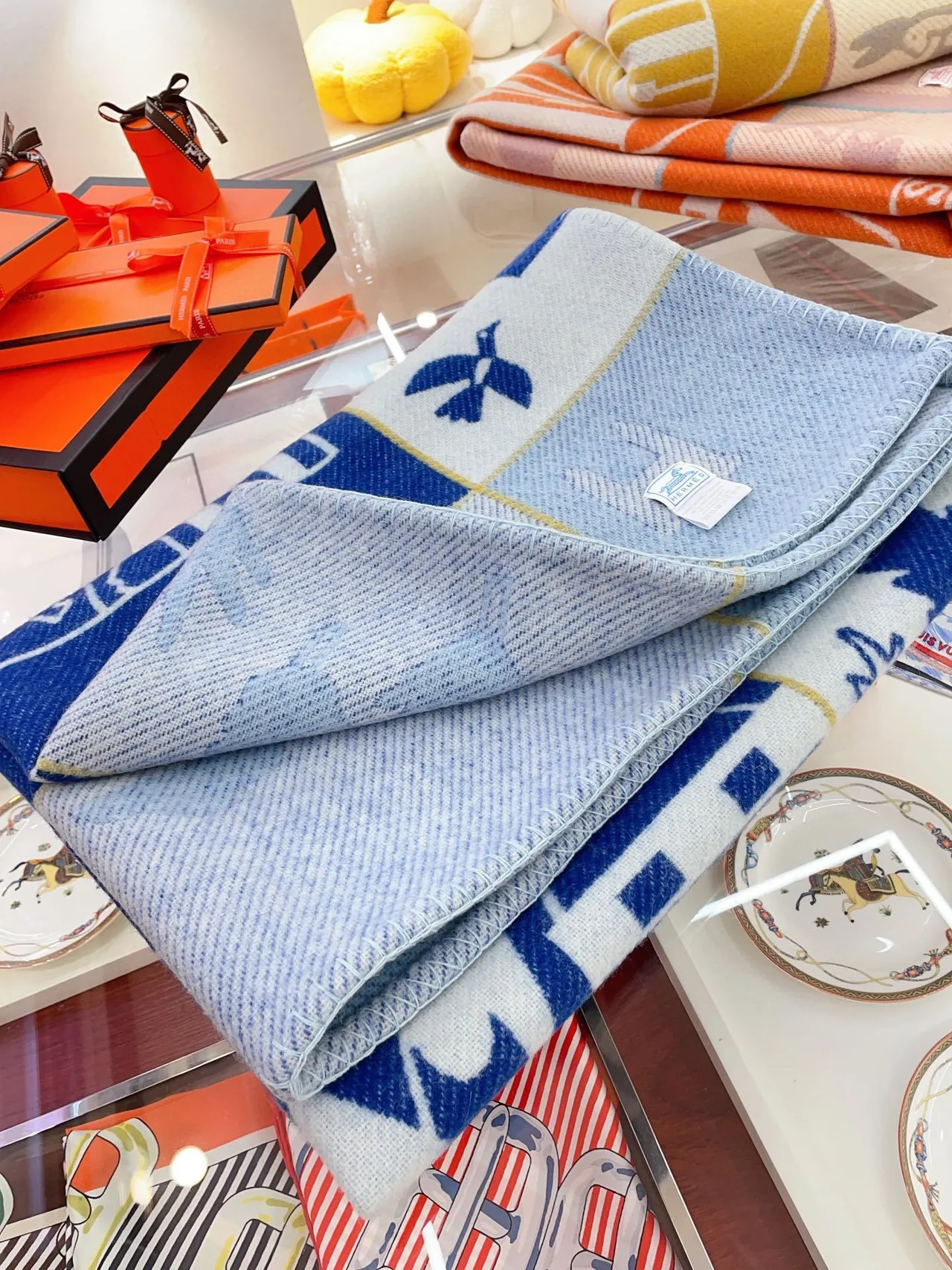 Hermès Graphic Patchwork Navy and Cream Shawl 7