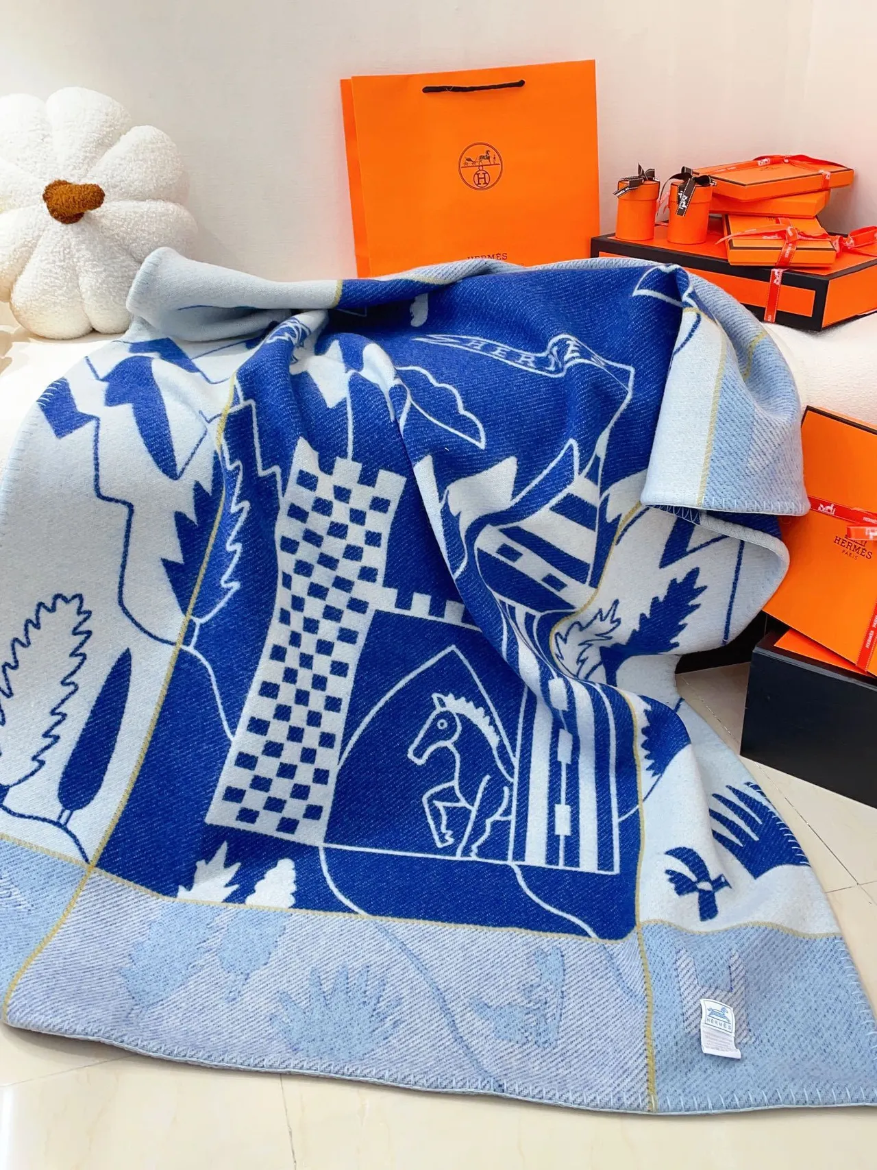 Hermès Graphic Patchwork Navy and Cream Shawl 9