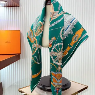 Hermès Green Orange Square Equestrian Print Silk Scarf