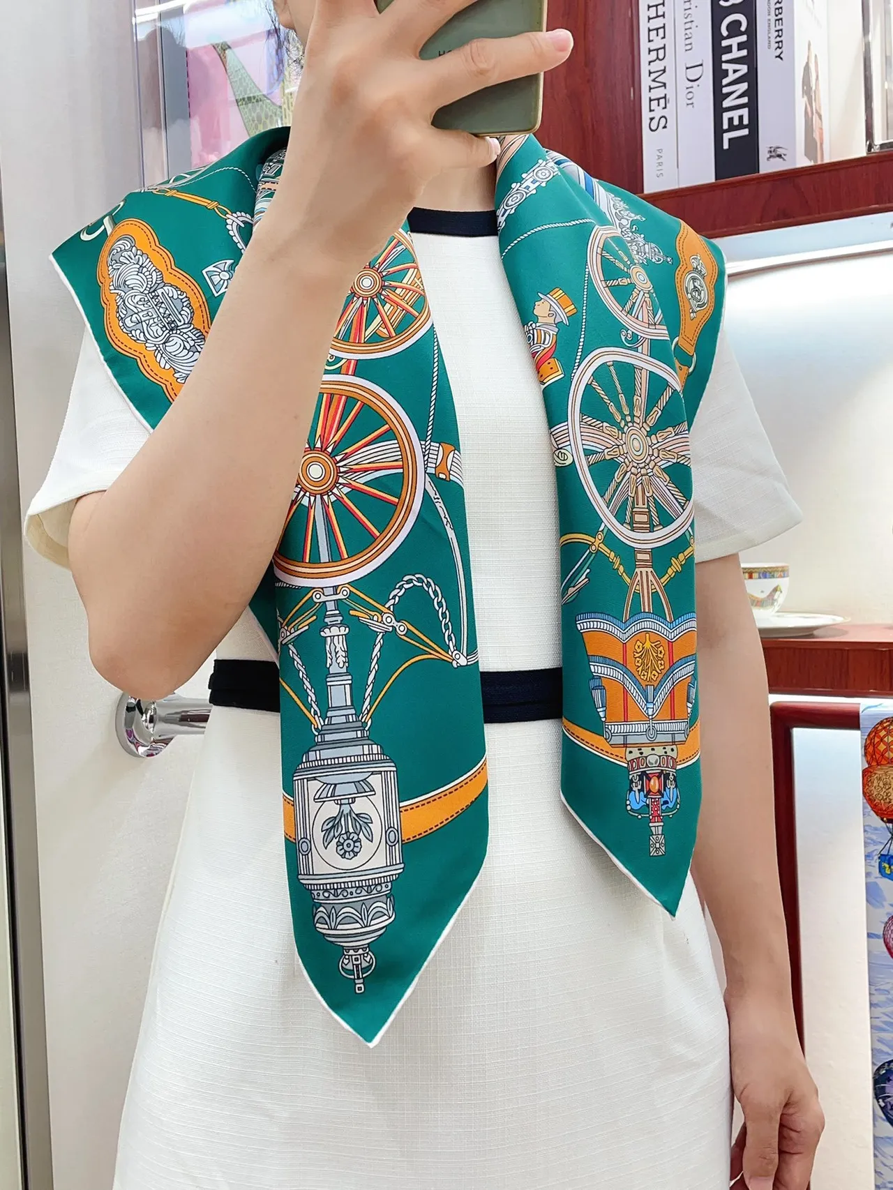 Hermès Green Orange Square Equestrian Print Silk Scarf 2