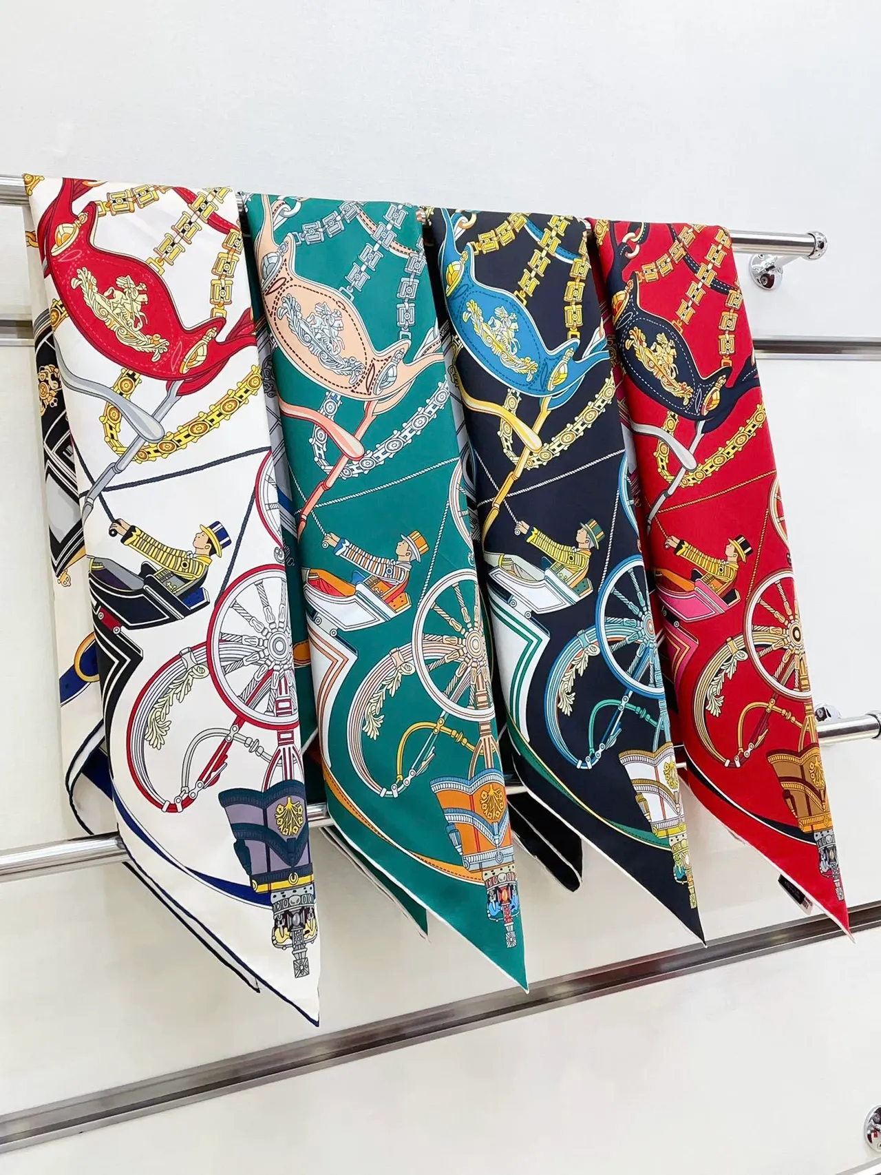 Hermès Green Orange Square Equestrian Print Silk Scarf 4