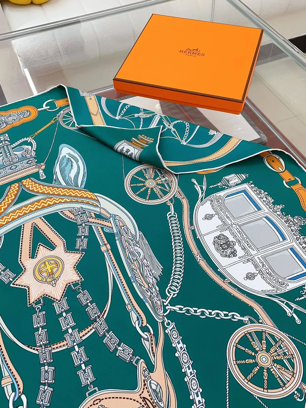 Hermès Green Orange Square Equestrian Print Silk Scarf 6