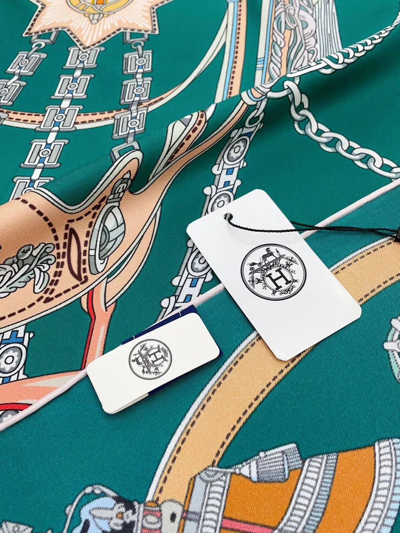 Hermès Green Orange Square Equestrian Print Silk Scarf 7