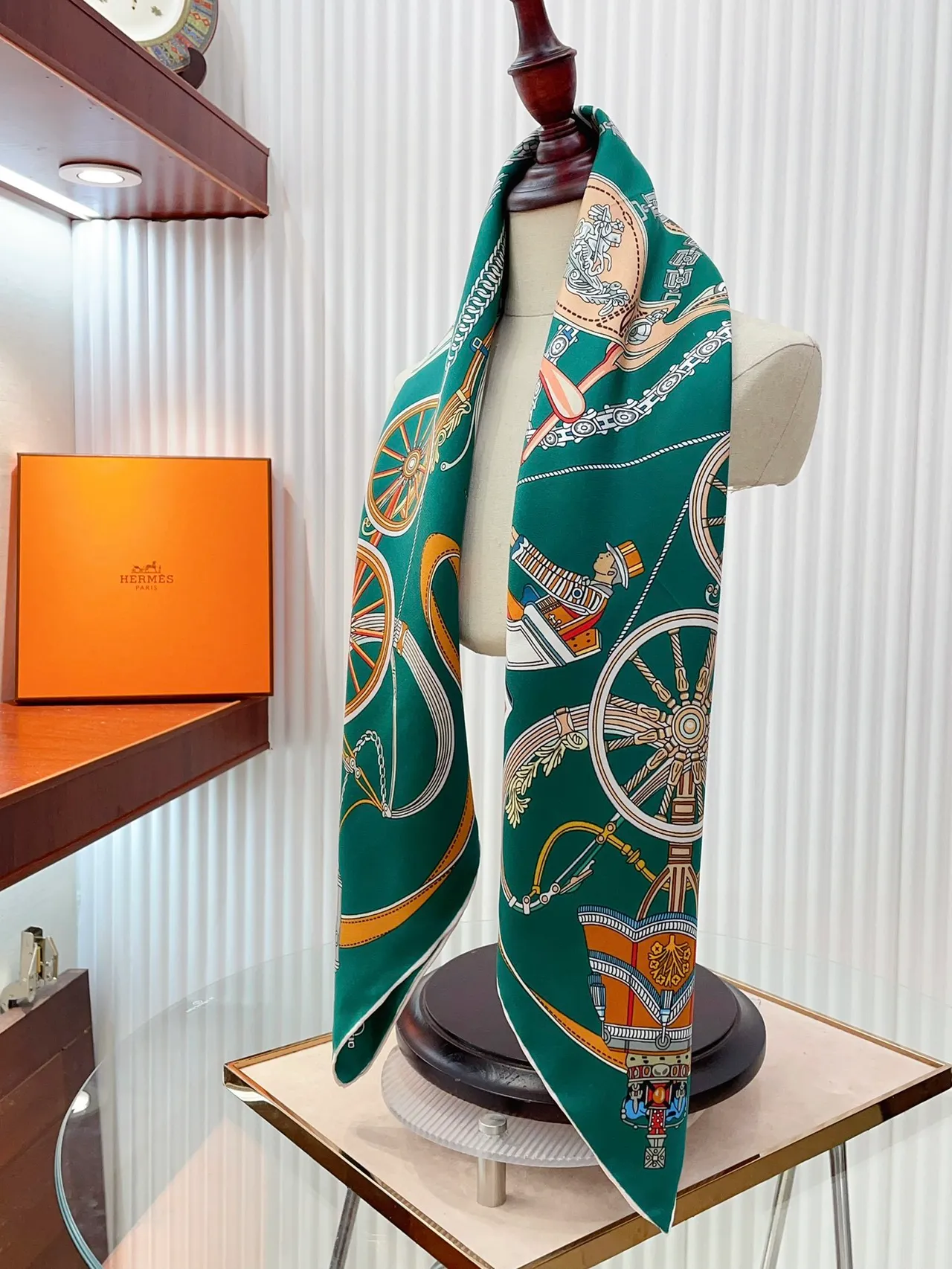 Hermès Green Orange Square Equestrian Print Silk Scarf 8