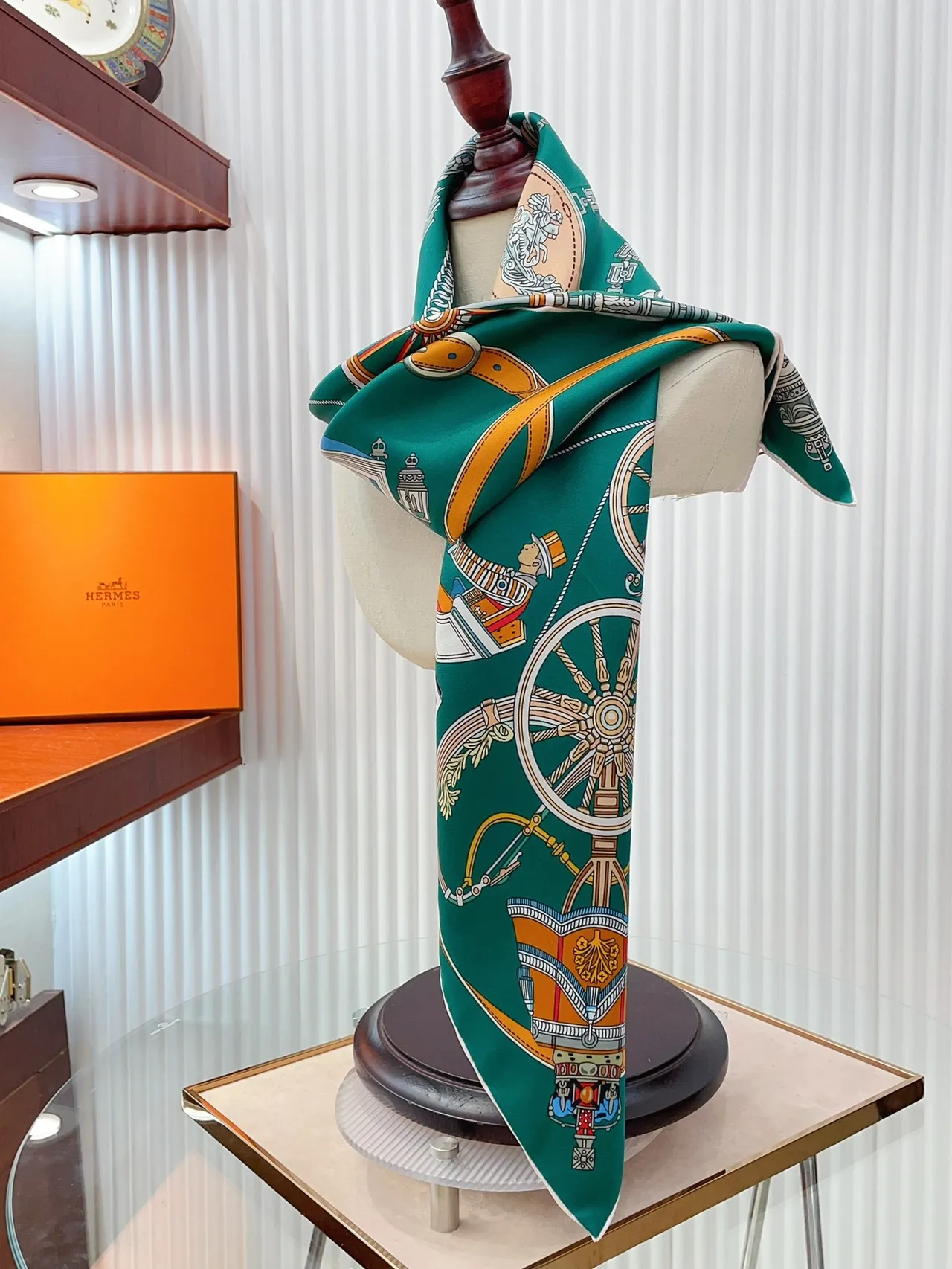 Hermès Green Orange Square Equestrian Print Silk Scarf 9