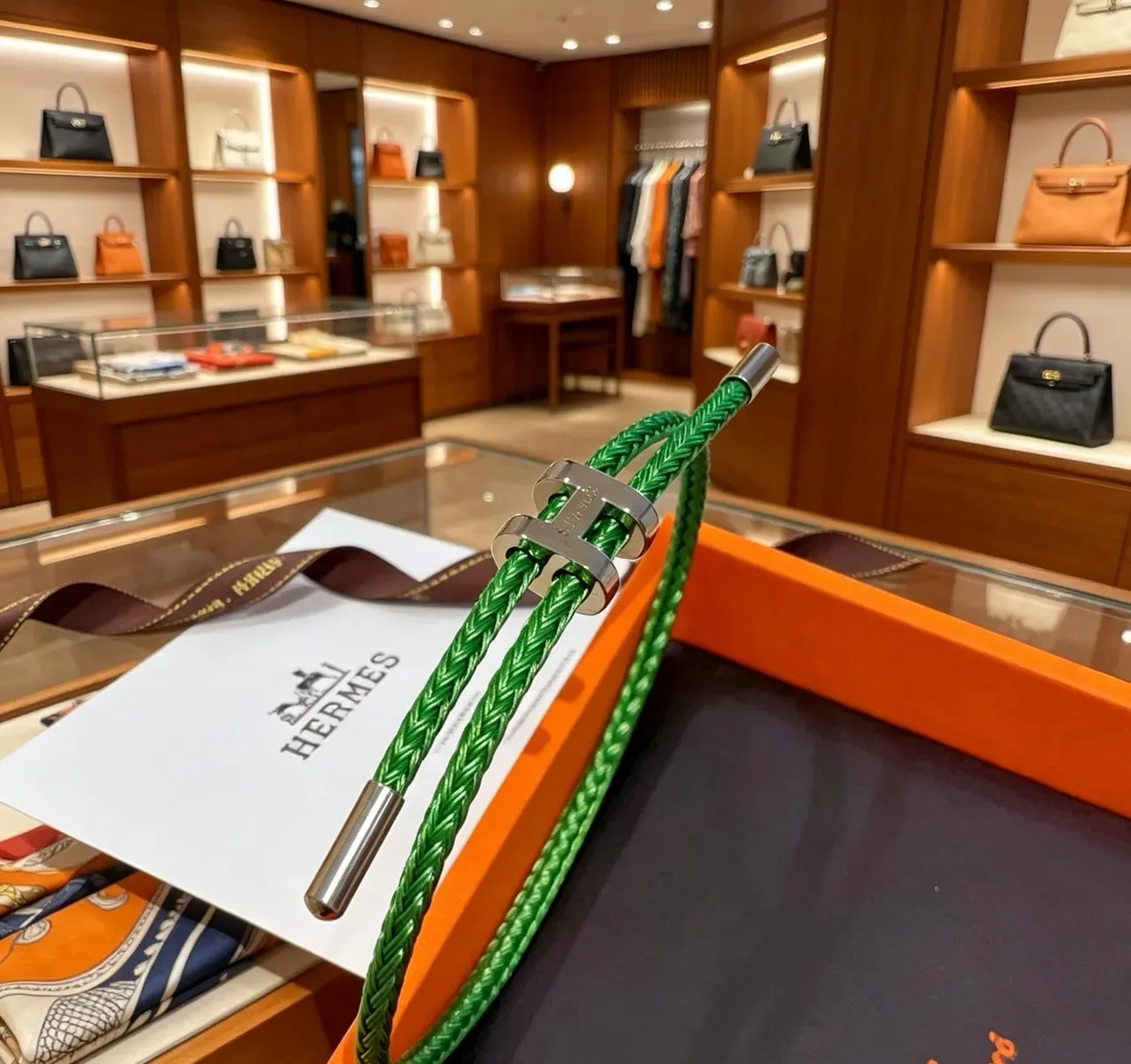 Hermès H-Clasp Braided Green Cord Bracelet 3